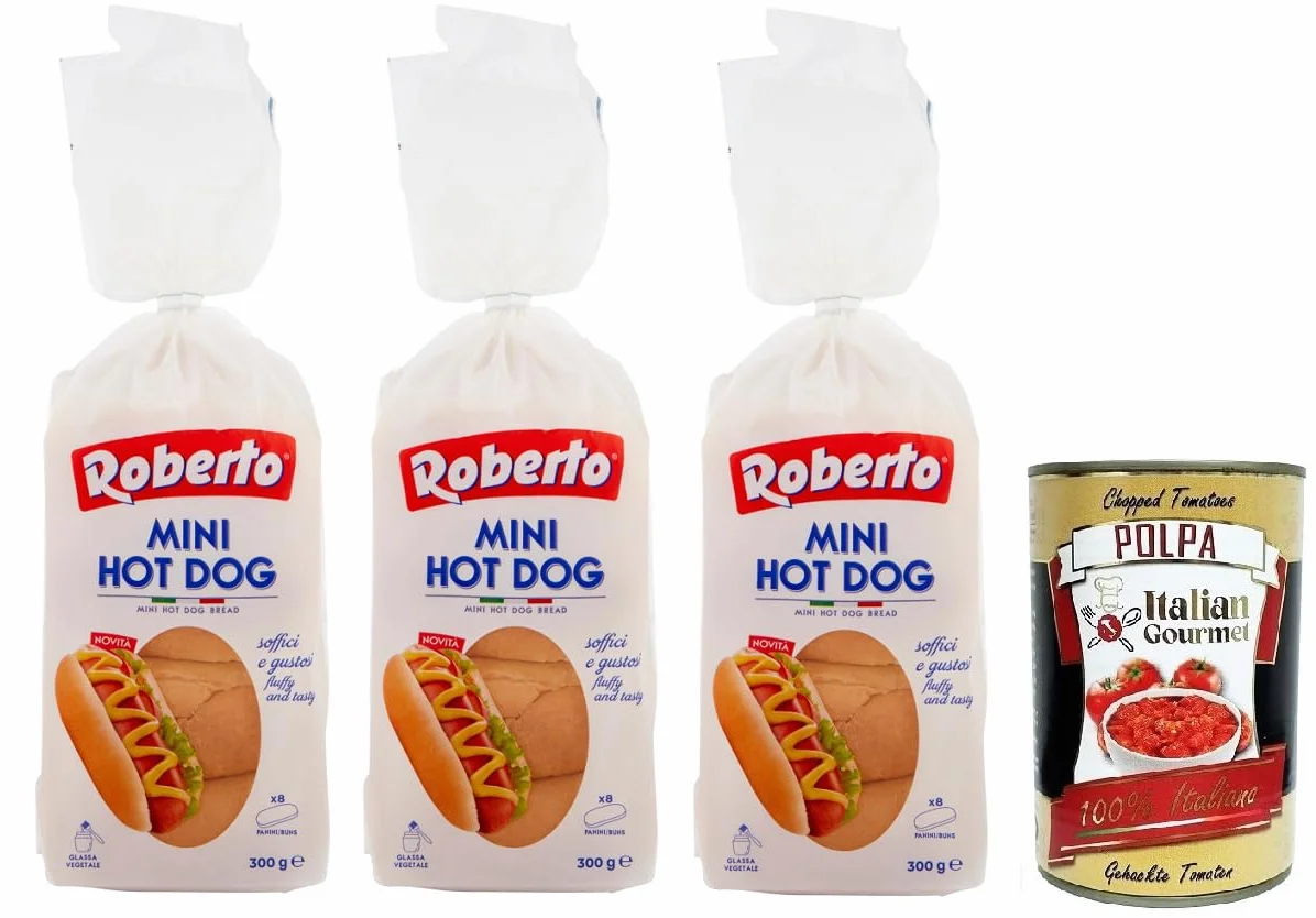 3x Roberto Mini Hot Dog Brot,Packung mit 300g,Jede Packung enthält 8 Hot Dog Buns + Italian Gourmet Polpa di Pomodoro 400g Dose
