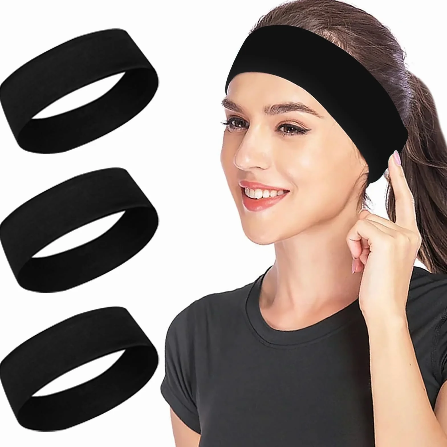 Bandeau Cheveux Antidérapant 3 Pièces Élastique Sport Yoga Running Fitness Cyclisme Noir Classique