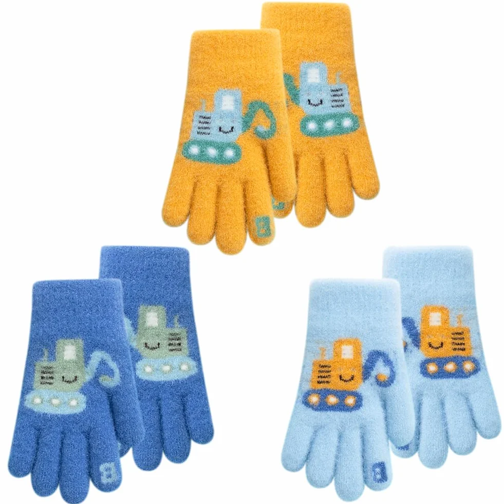 Gants Hiver Enfant 3 Paires Mitaines Tricot Extensibles Colorés Chauds 4-10 Ans Garçons