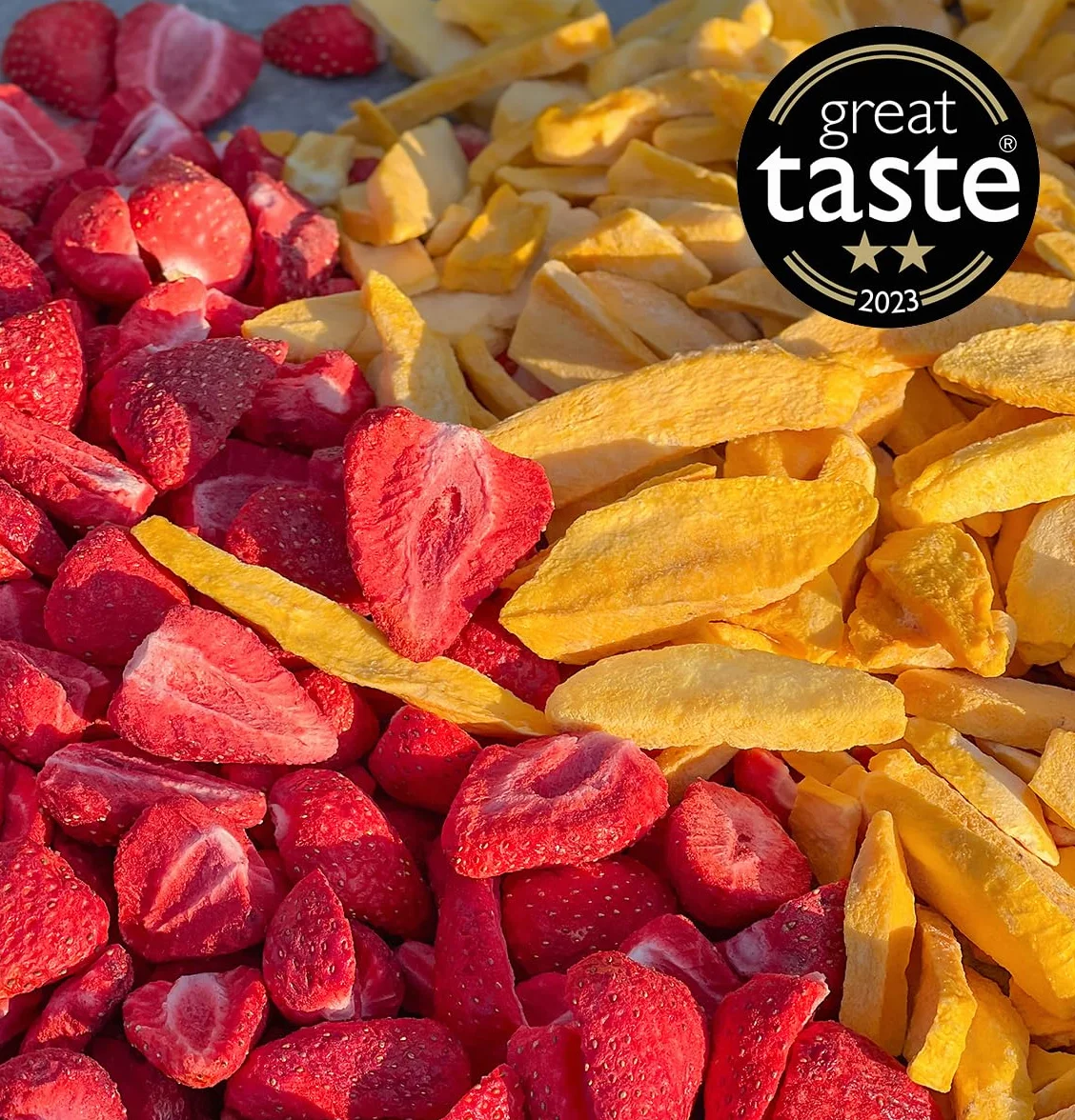 BRIX Fraises et Mangues Lyophilisé | 100% Naturelles | 110 g | Fruits Secs Lyophilisés Great Taste Award | Sans OGM Sans Gluten | Vegan Vitamines Préservées