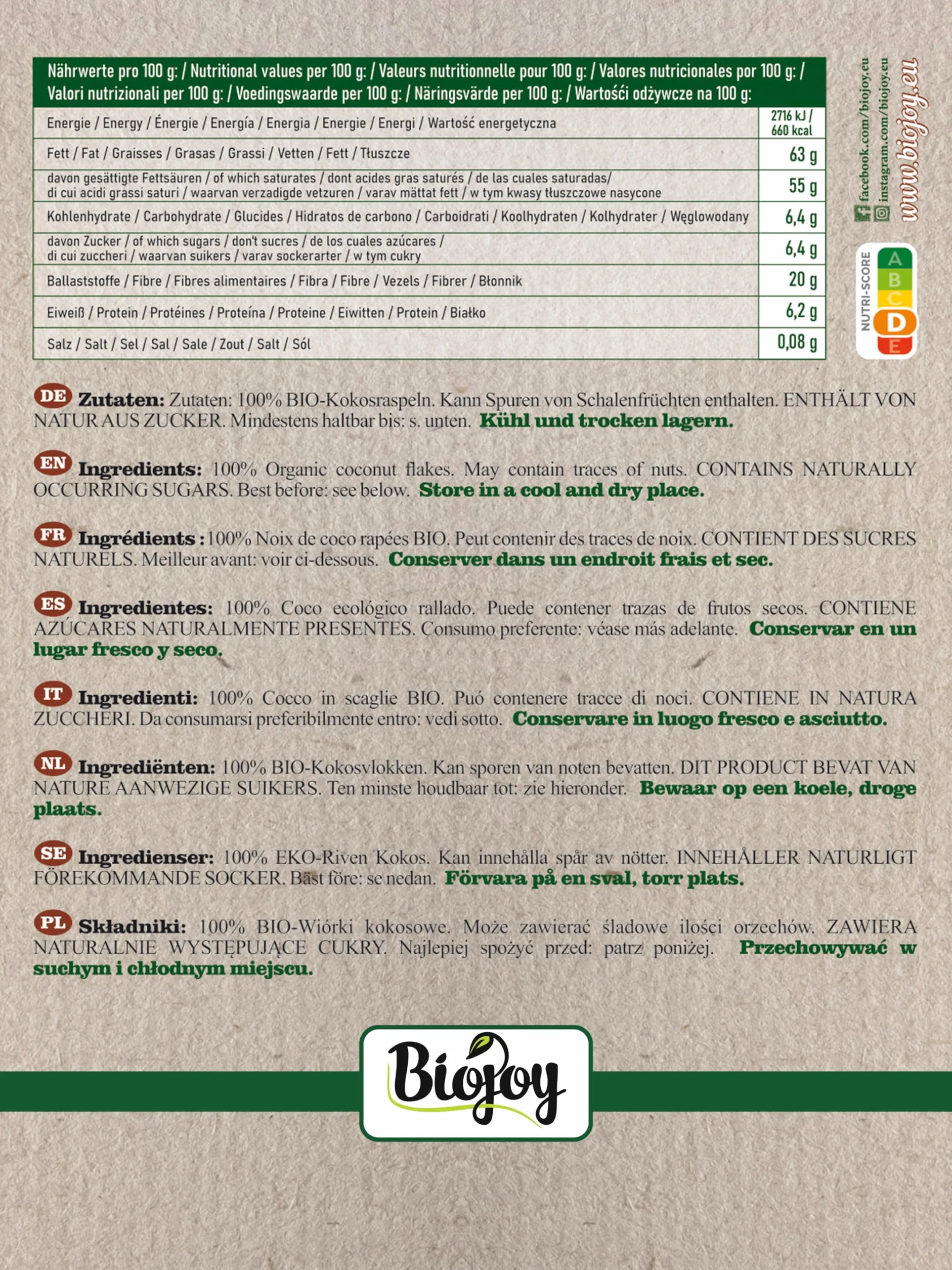 Biojoy Noix de Coco Râpée BIO (1 kg), séchée et non grillés, Flocons de noix de coco sans additifs