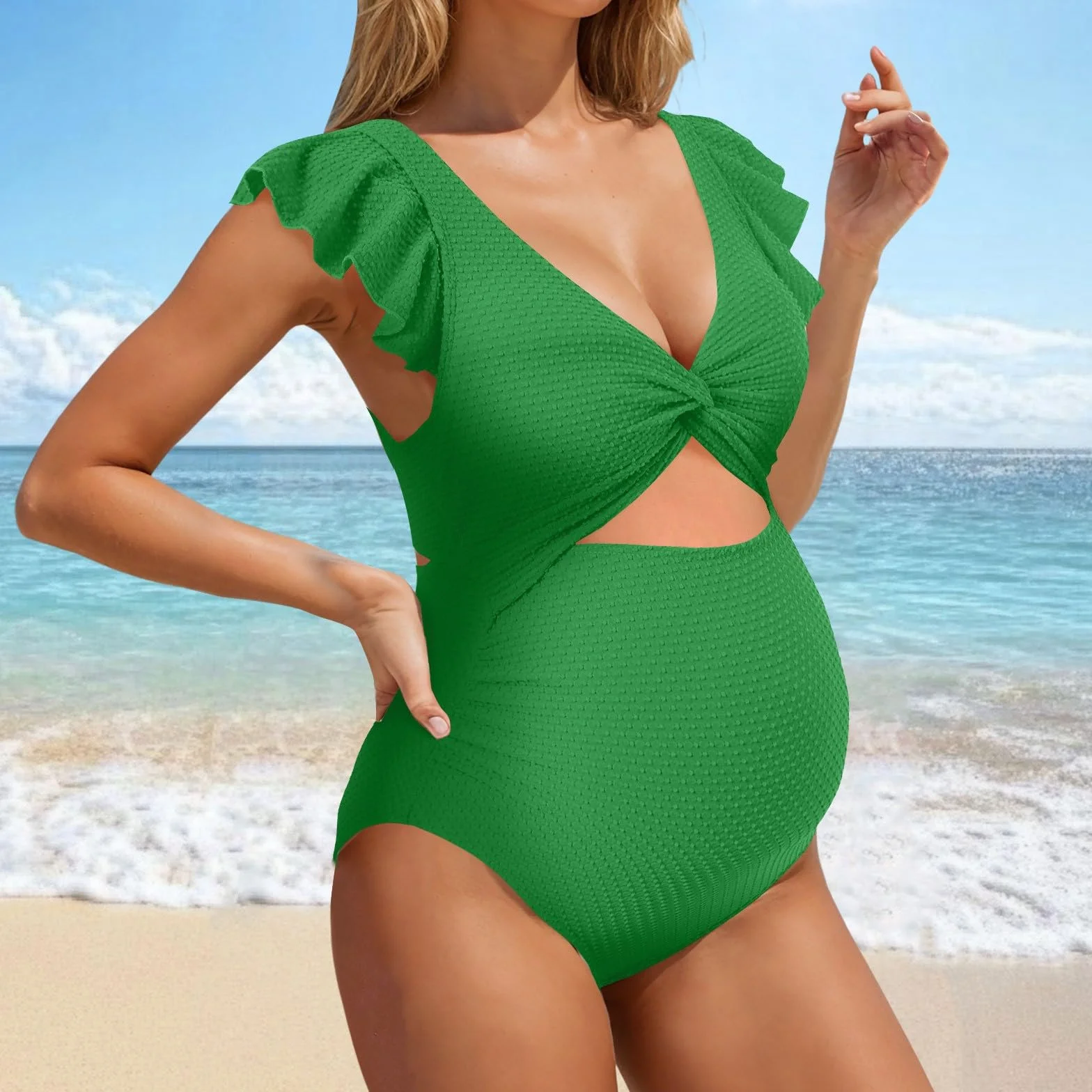 Maillot de bain maternité 1 pièce col V profond couleur unie été femme enceinte