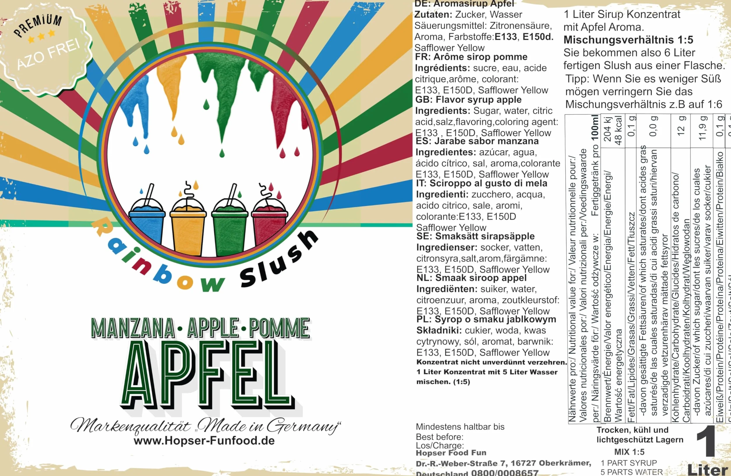 Sirop pour Slushy Arc-en-ciel Sans AZO | 1 litre de bouteille | Concentré pour Slushy Maker, machines à Slushy, machines à glace, boissons 1:5 à 1:20 (Pomme)