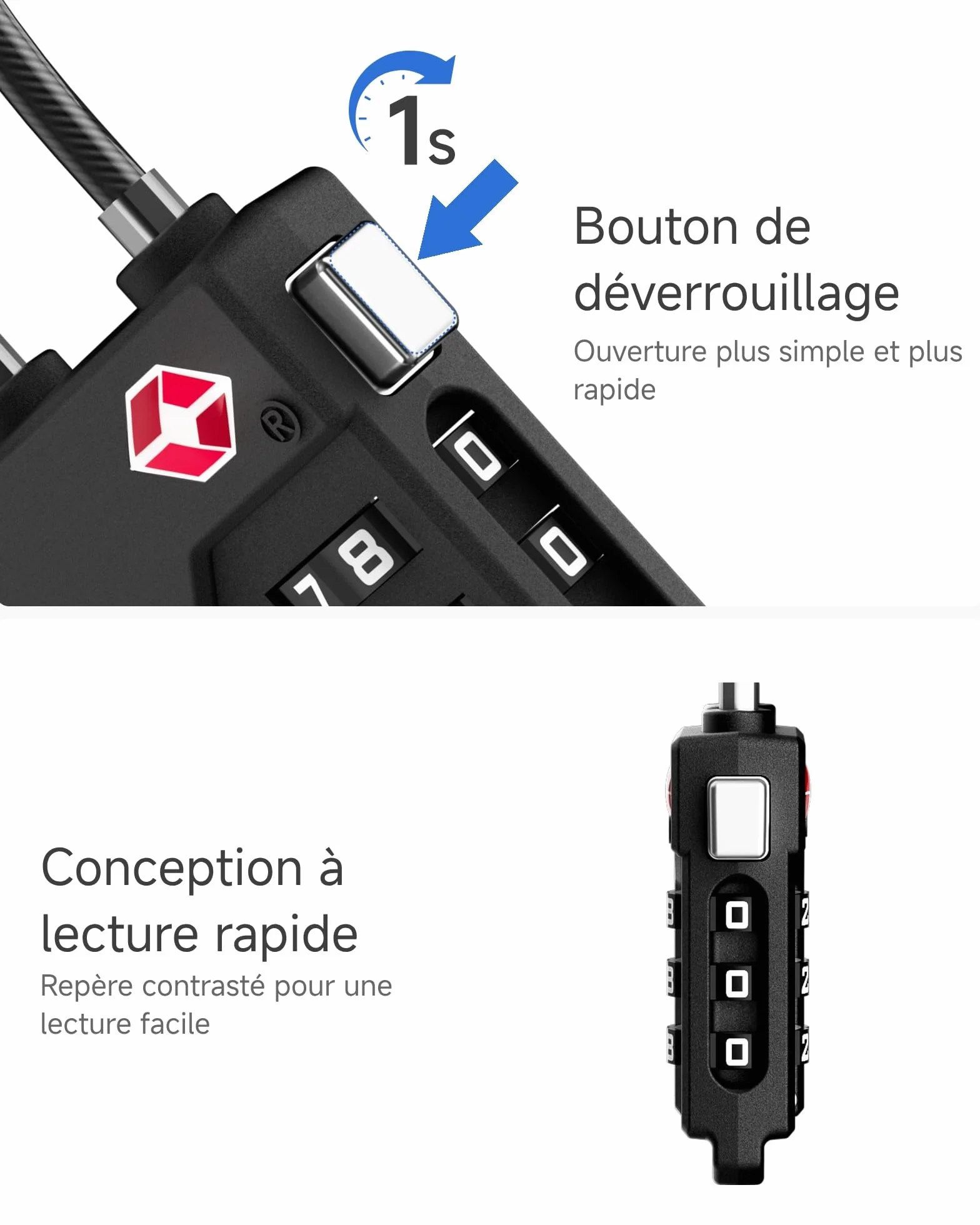 LUGGEX Cadenas Valise TSA Approuvé à Combinaison 3 Chiffres avec Câble Flexible pour Bagages, Noir, 4 pièces