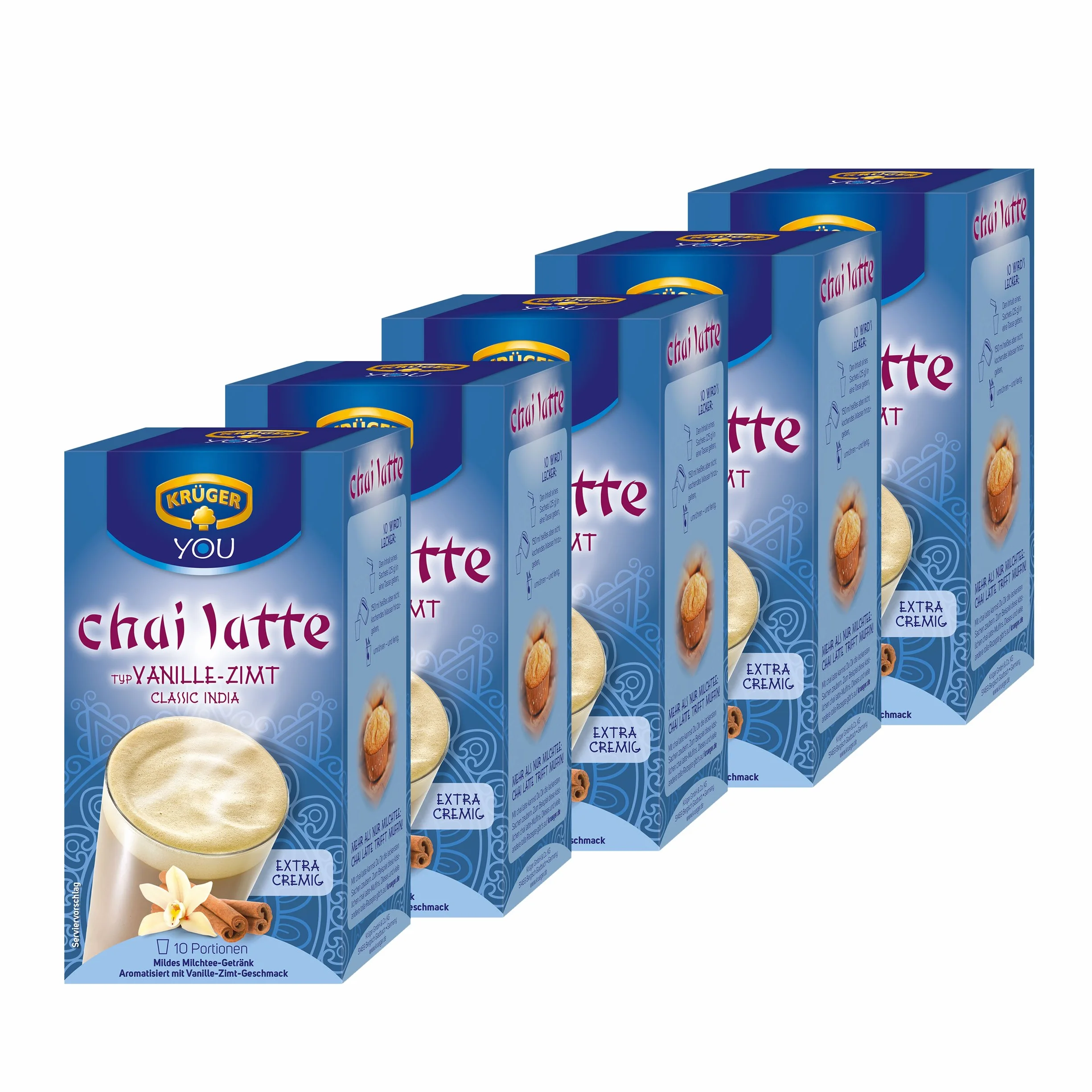 Krüger Chaï Latte Classic India, Vanille-Cannelle, Thé au Lait, Lot de 5, 5 x 10 sachets portionnables