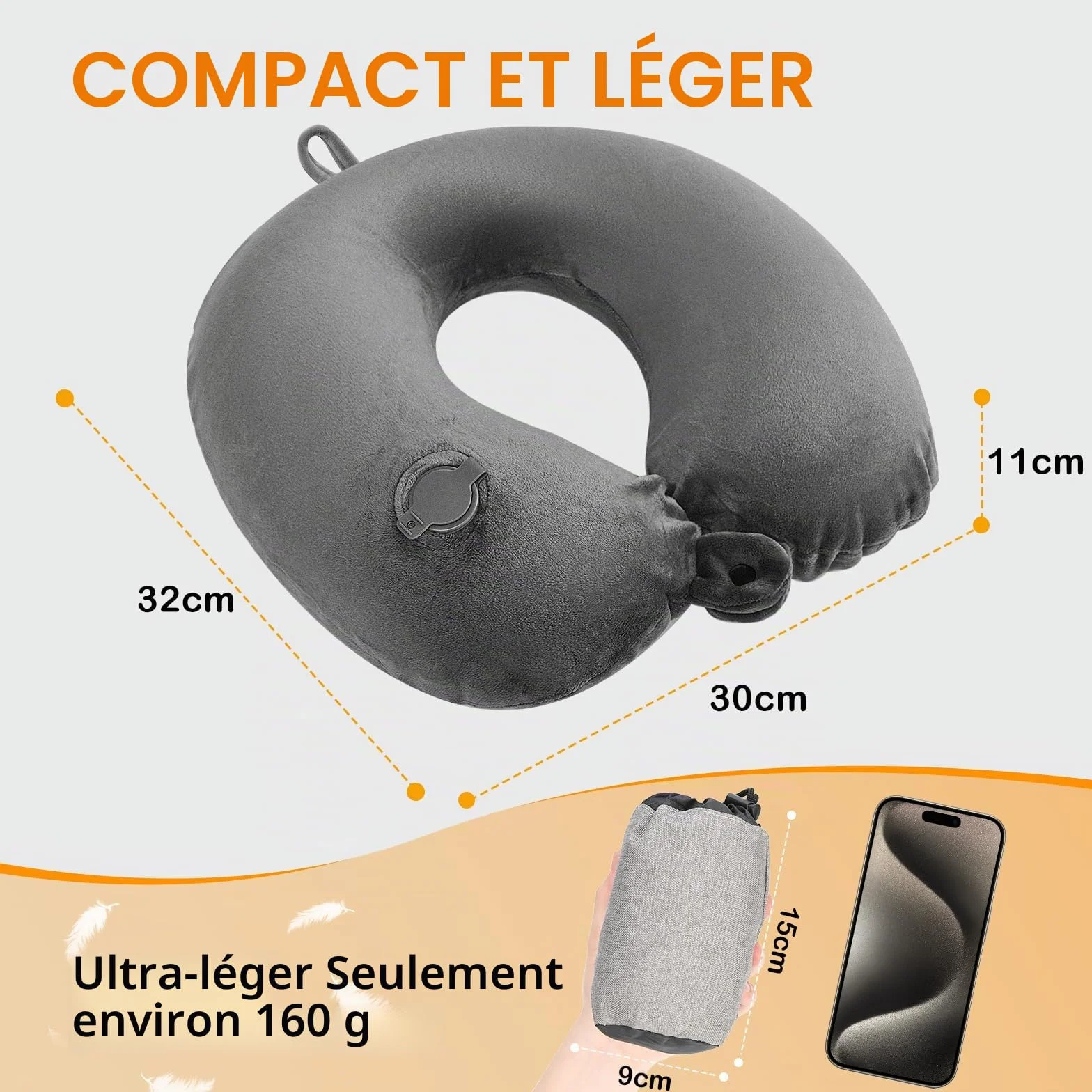 Coussin de Voyage Gonflable avec Masque pour Les Yeux, Oreiller Avion Compact Gris