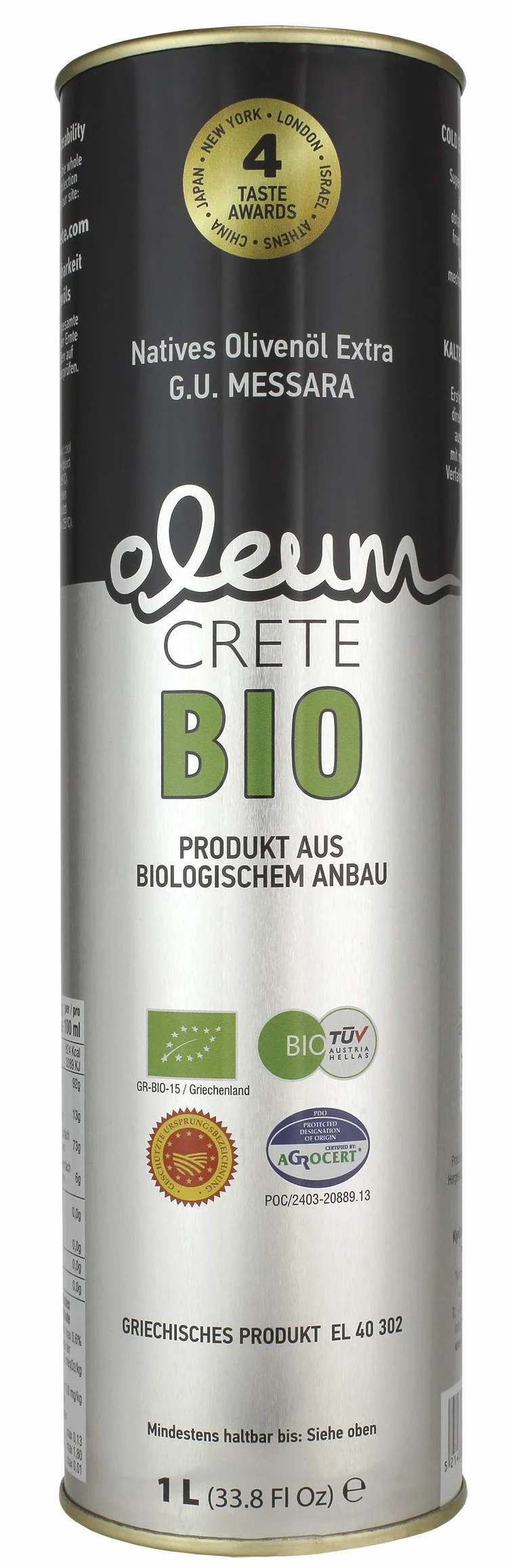 Oleum Crete BIO "Oleum Crete Messara P.D.O". Plateau du sud de la Crète. Huile d'olive vierge extra (1 Litre). Le fabricant a remporté plus de 80 prix internationaux du goût. DE-ÖKO 006