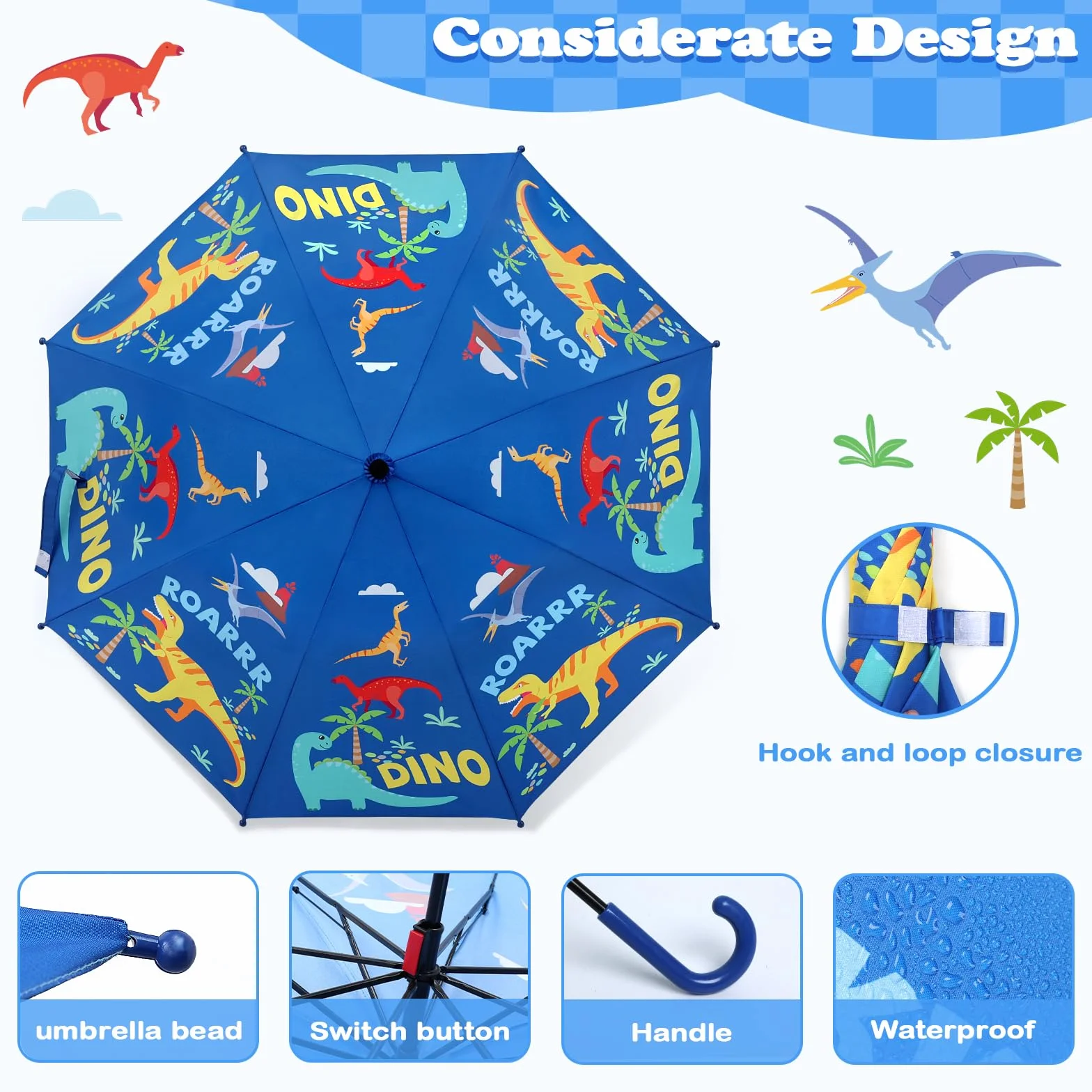 Parapluie Enfant avec Housse Coupe-vent Durable Pliant Canne Motif Mignon Dinosaures