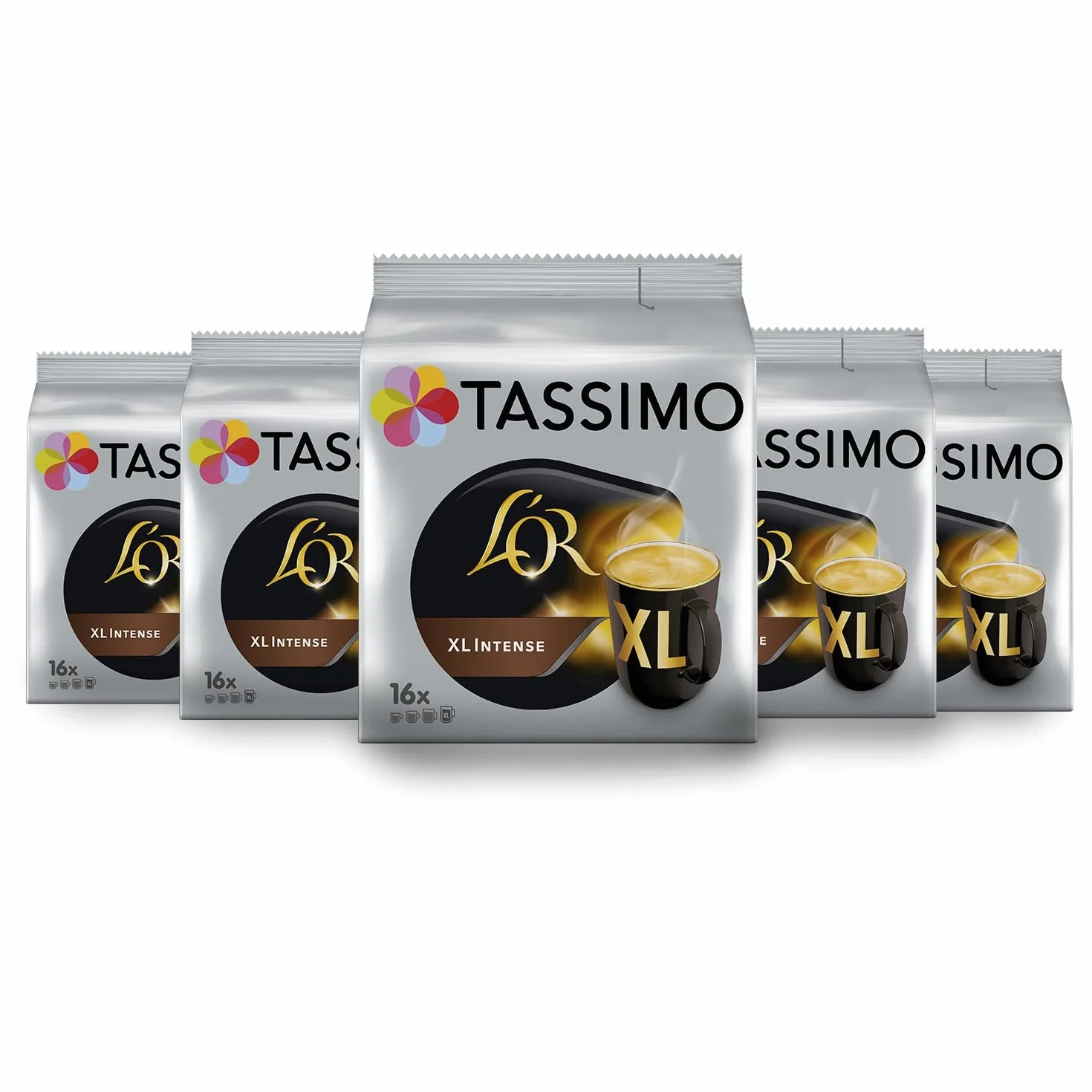 Tassimo, 80 Dosettes Café Extra Long Intense L'OR, Compatibles avec les machines TASSIMO, 80 Cafés XL, Intense et Puissant, 5 packs de 16 dosettes