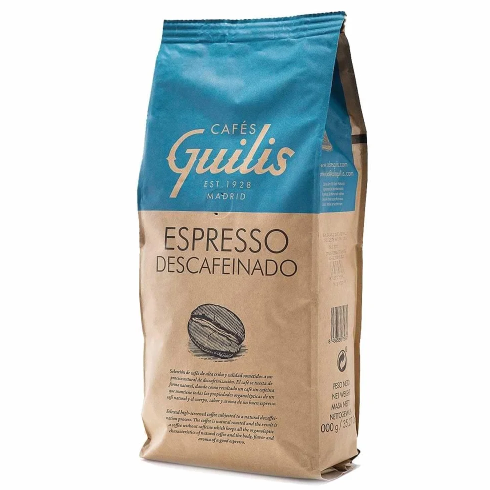 CAFES GUILIS DESDE 1928 AMANTES DEL CAFE Café CAFÉS GUILIS – Café Décaféiné Intense en Grains 1kg – Mélange Naturel - Torréfaction Artisanale – Saveur Riche et Équilibrée