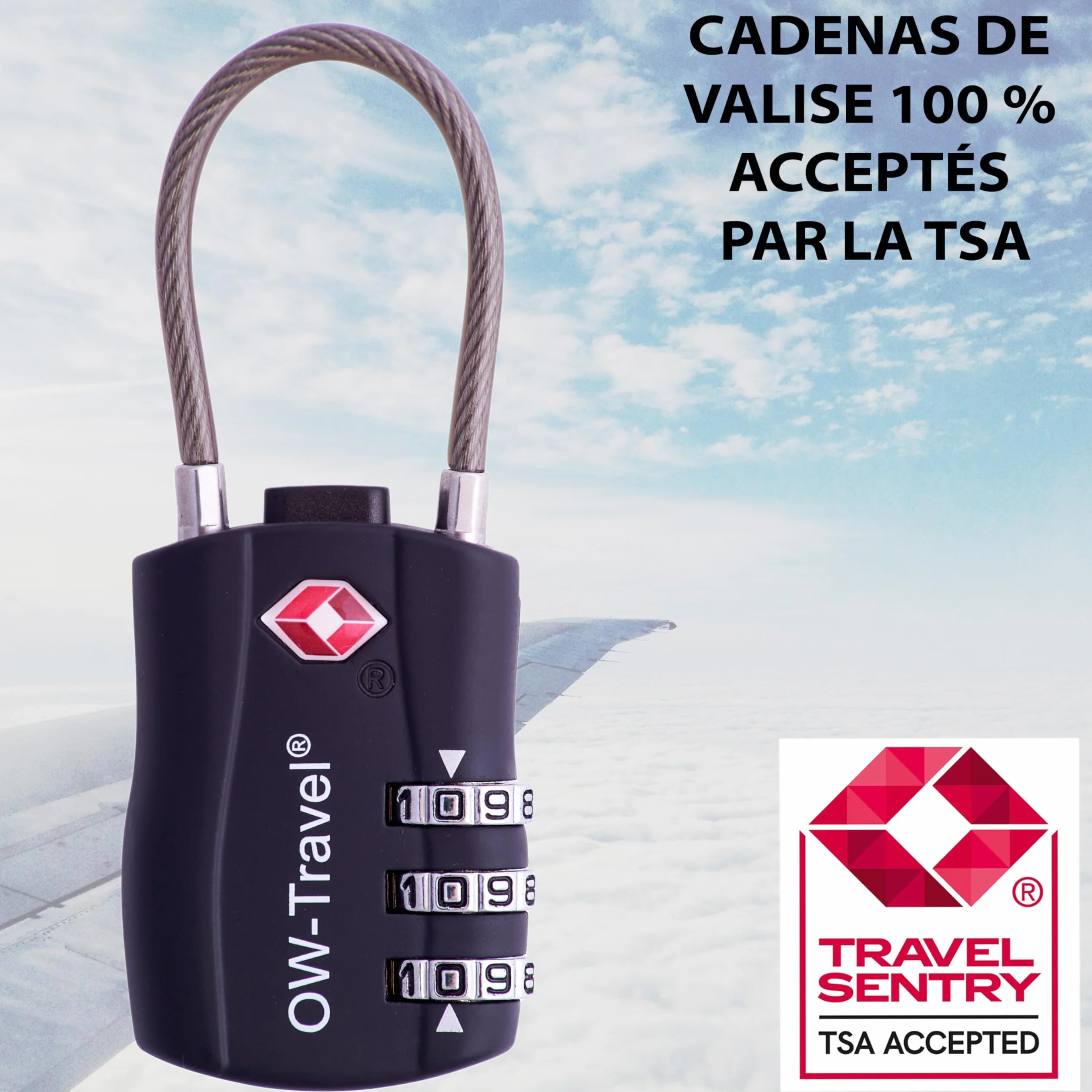 Cadenas Cable TSA pour Valise 3 Chiffres Antivol Bagages Combinaison USA Accessoires Voyage Serrure 4 Noir