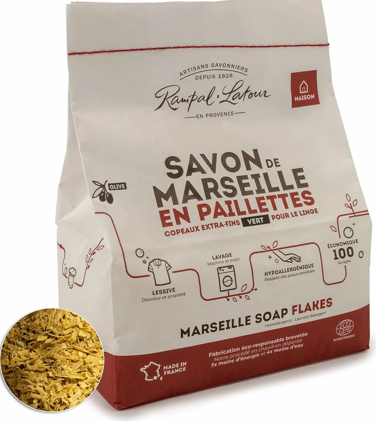 Rampal Latour - Paillettes de Savon de Marseille Vert pur à l'huile d'olive pour le linge - Copeaux Extra fins - Machine ou Main - Toutes températures et tissus - Hypoallergénique- 100 lavages - 1.5Kg