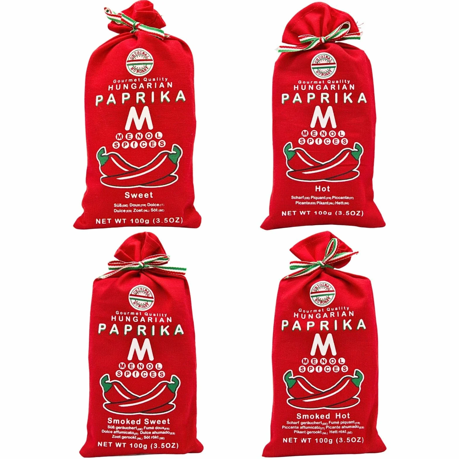 Menol Spices Coffret Paprika Hongrois 4 x 100g, Doux Fort et Fumé | Quatre sachets en tissu cousus main de paprika de Szeged : doux, fort, fumé doux et fumé fort, un cadeau de Hongrie