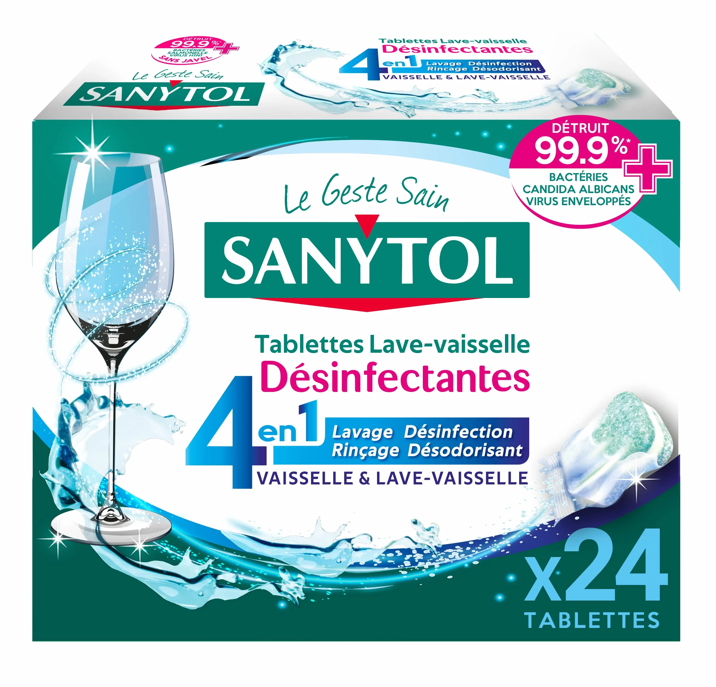 Sanytol -Tablettes Lave-Vaisselle 4 en 1 Désinfectantes - 24 Tablettes - Lavage, Désinfection, Rinçage, Désodorisant - Bactéricide, Virucide, Levuricide