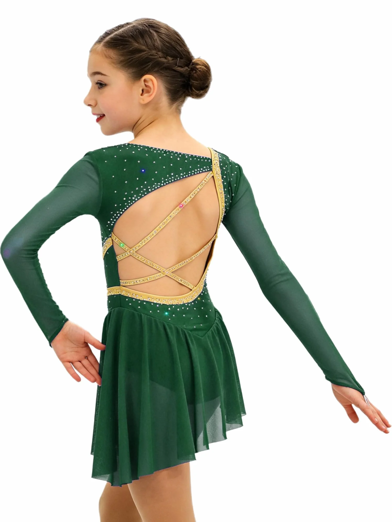 Tenue Patinage Artistique Fille Enfant Ado Robe Manches Longues Strass Justaucorps Asymétrique Danse Costume