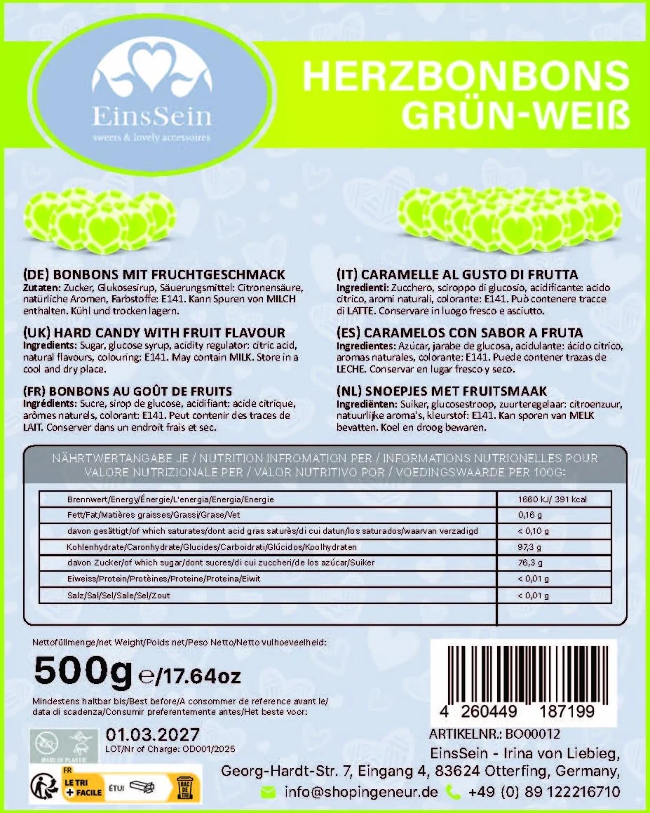 EinsSein Bonbons mariage vert-blanc 500g (130 pièces) Dragées jungle Pâques baptême anniversaire communion