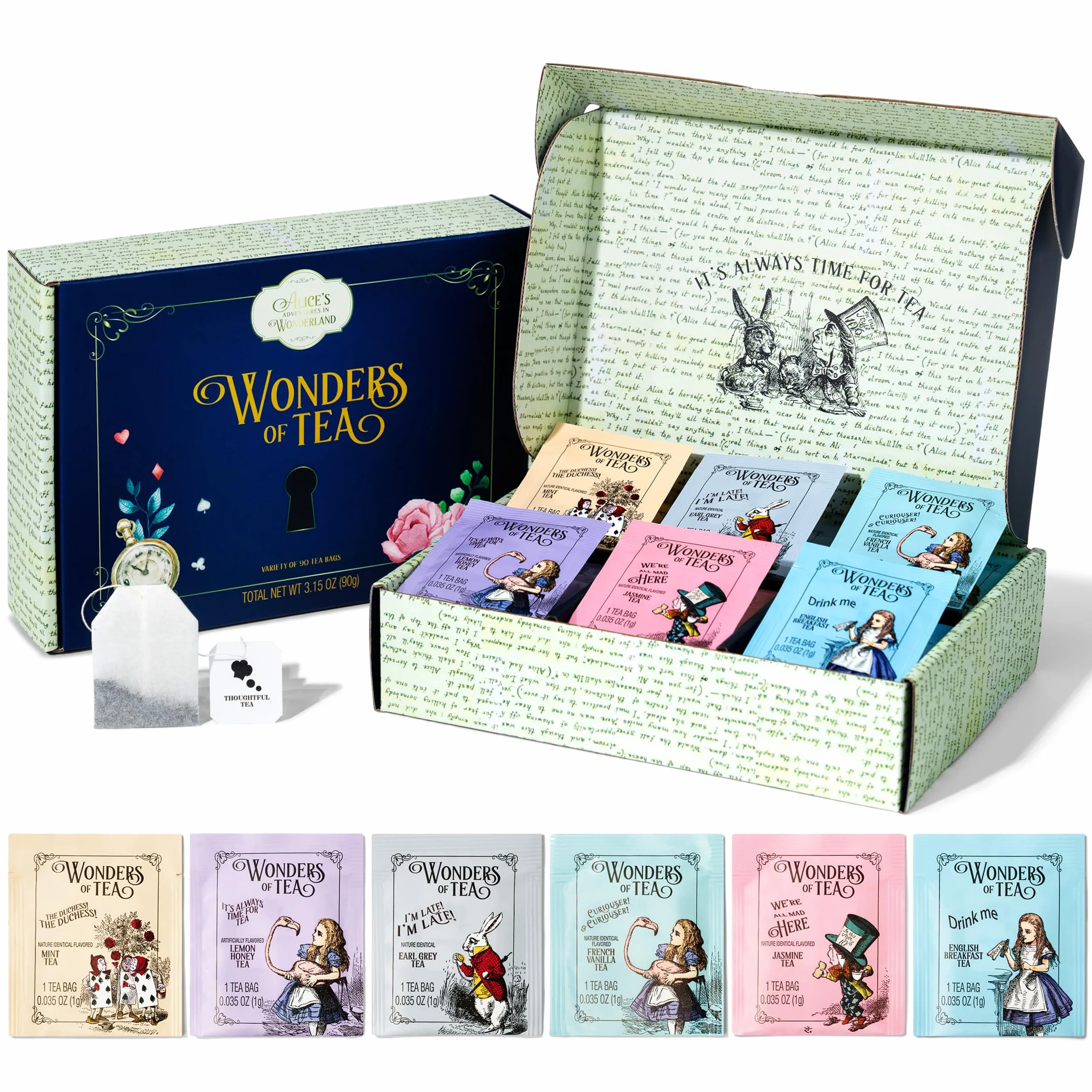 Thoughtfully, Coffret cadeau de thés Alice au pays des merveilles, 6 saveurs, lot de 90