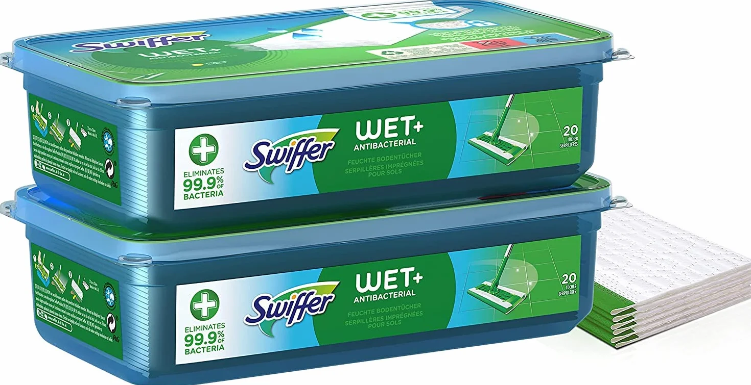 Swiffer Lingettes Humides, 40 Lingettes Nettoyantes (20x2), pour Balai Swiffer, Attrape et Retient la Poussière et la Saleté