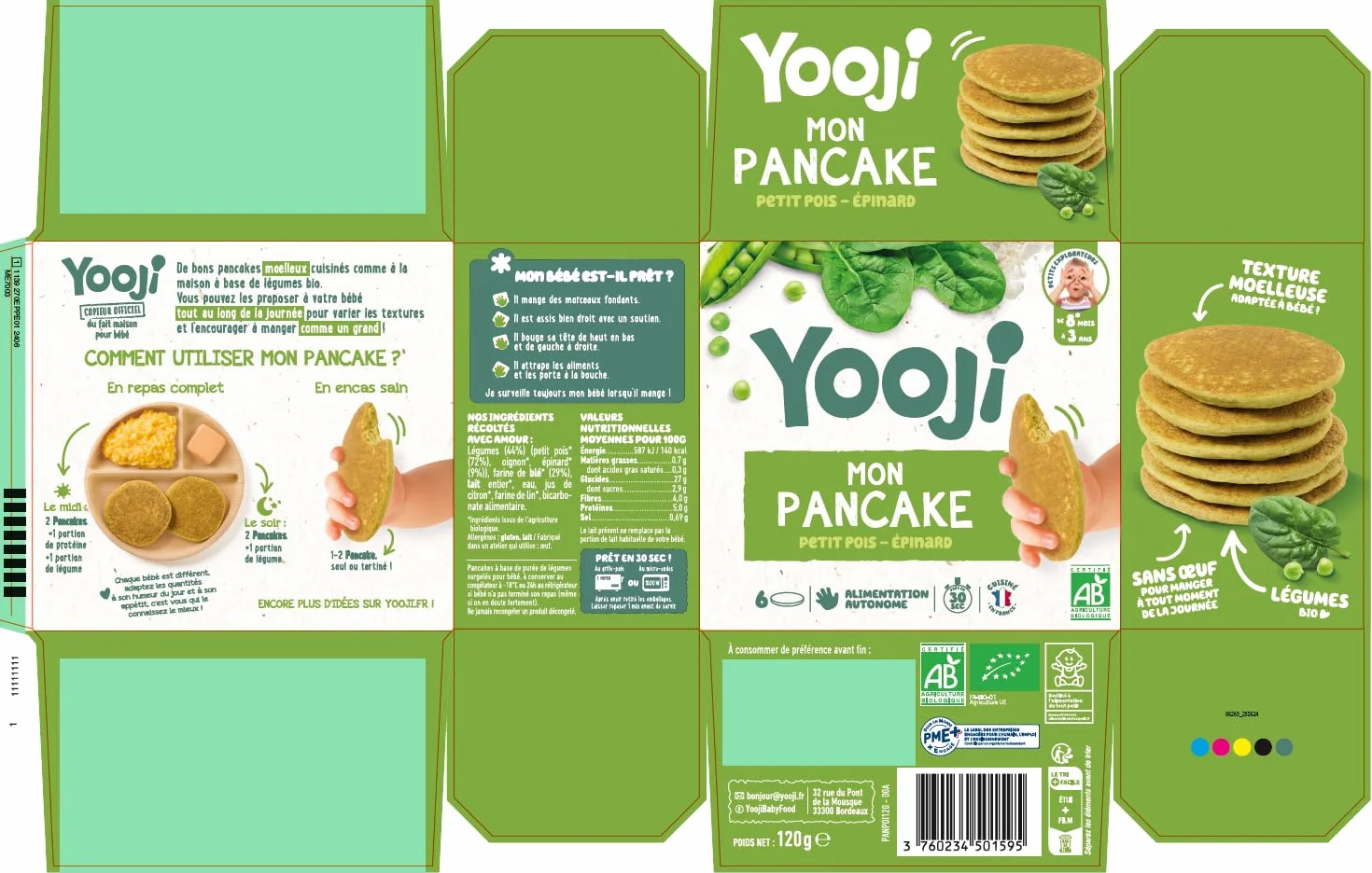 Yooji - Lot x6 Pancakes Petit pois Carotte bio pour repas bébé dès 8 mois - Introduction purée morceaux, Alimentation autonome et DME - 18 repas