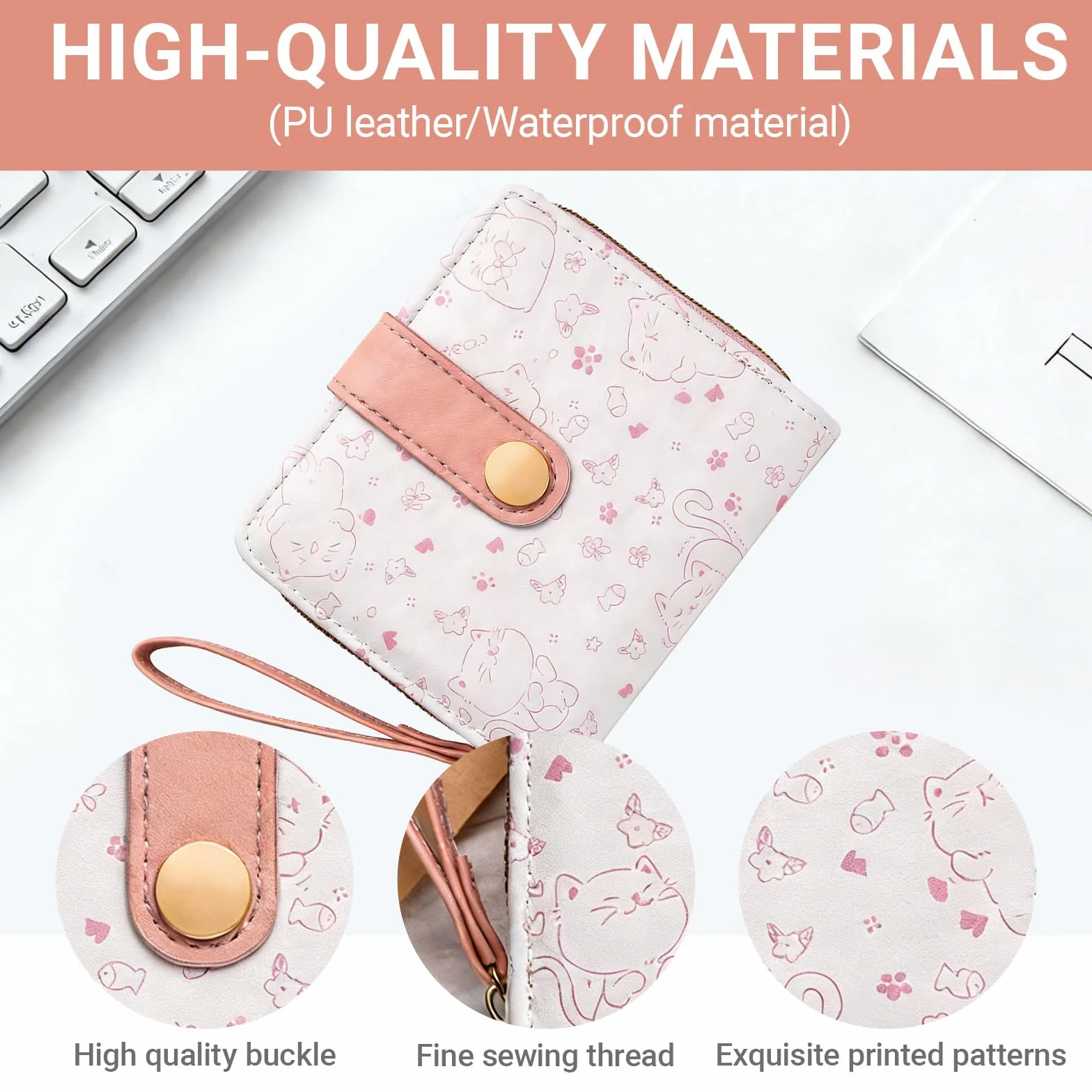 Porte Monnaie Fille Motif Chat Mignon Portefeuille Ado avec Fermeture en Cuir Rose