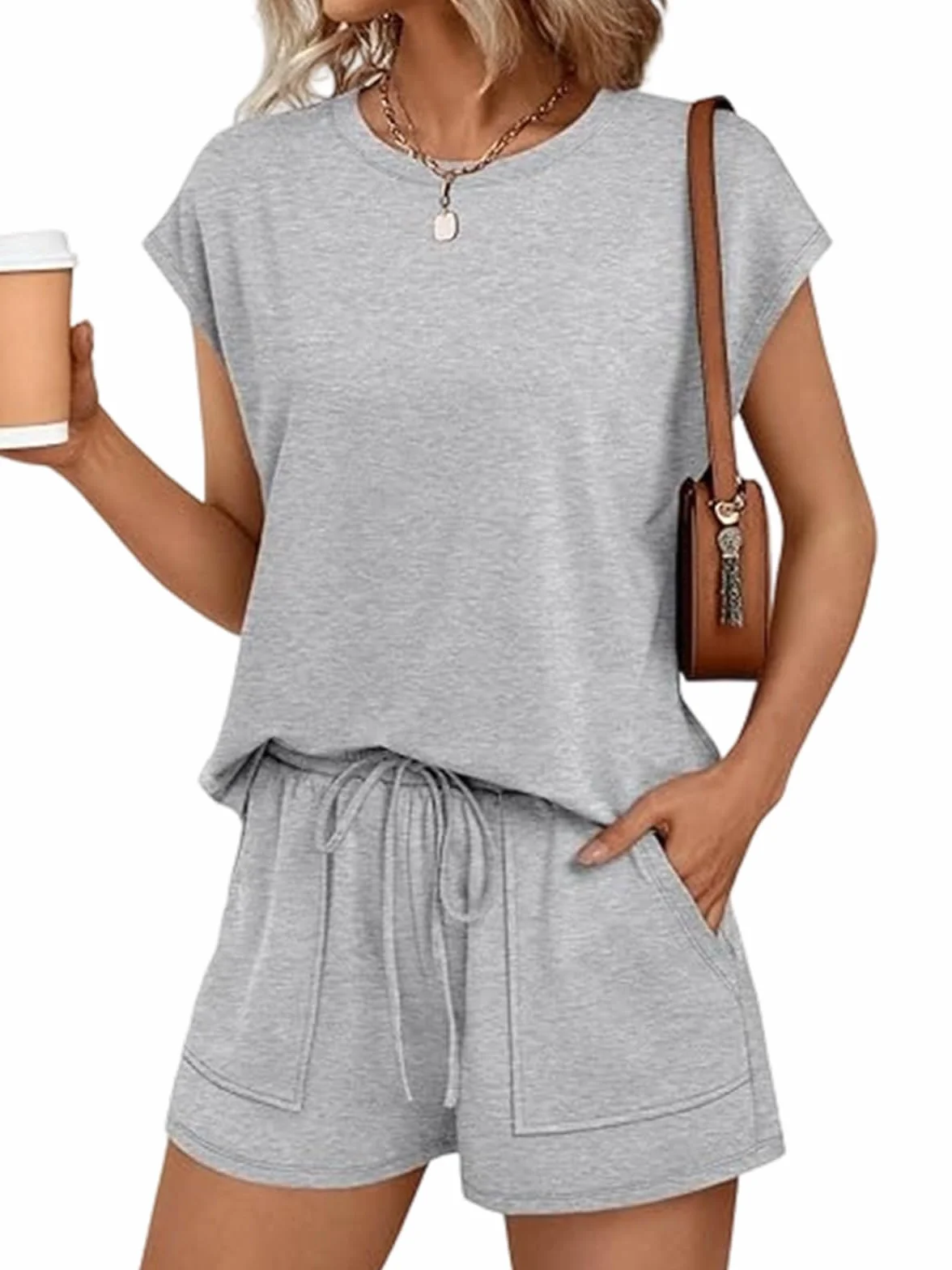 Ensemble Femme Ete 2 Pièces Chic Elegant Survêtement sans Manches Col Rond Short Poches Tenue Sport