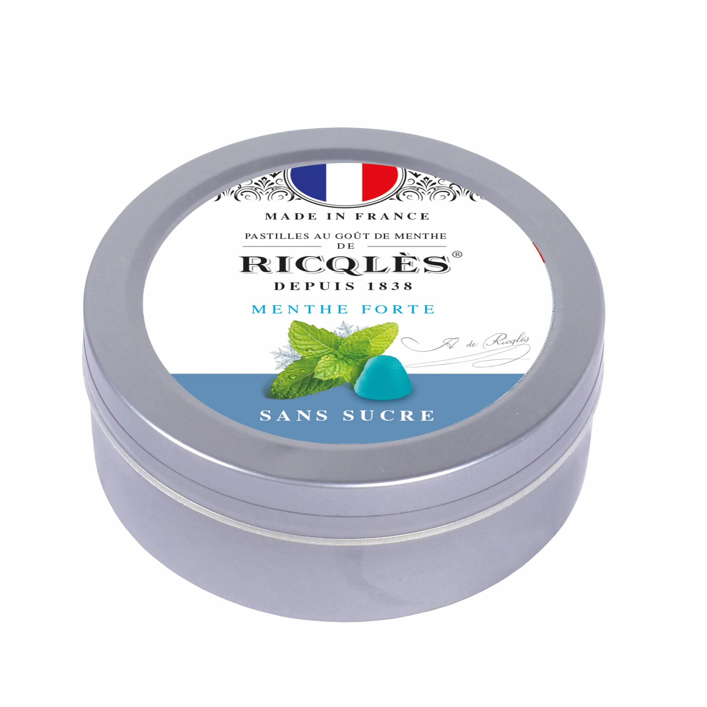 RICQLES-PASTILLES MENTHE SANS SUCRES Haleine Fraîche Mal des transports Goût menthe forte Boîte en métal 45g