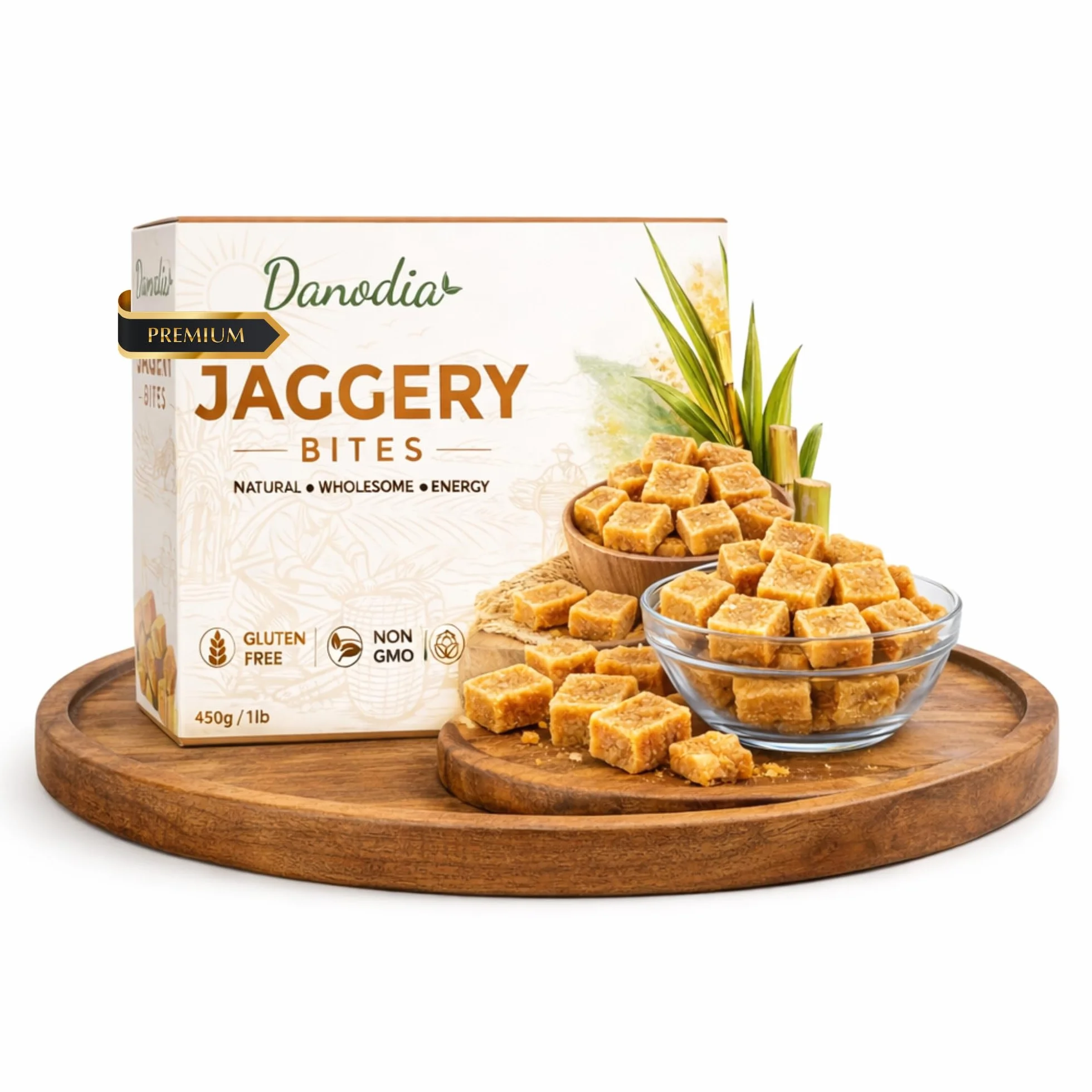 Danodia Foods Bouchées de Jaggery 450 g / 0,99 lb | Sucrant traditionnel indien non raffiné en petits carrés | Alternative au sucre blanc | Pour thé, lait, desserts et pâtisserie
