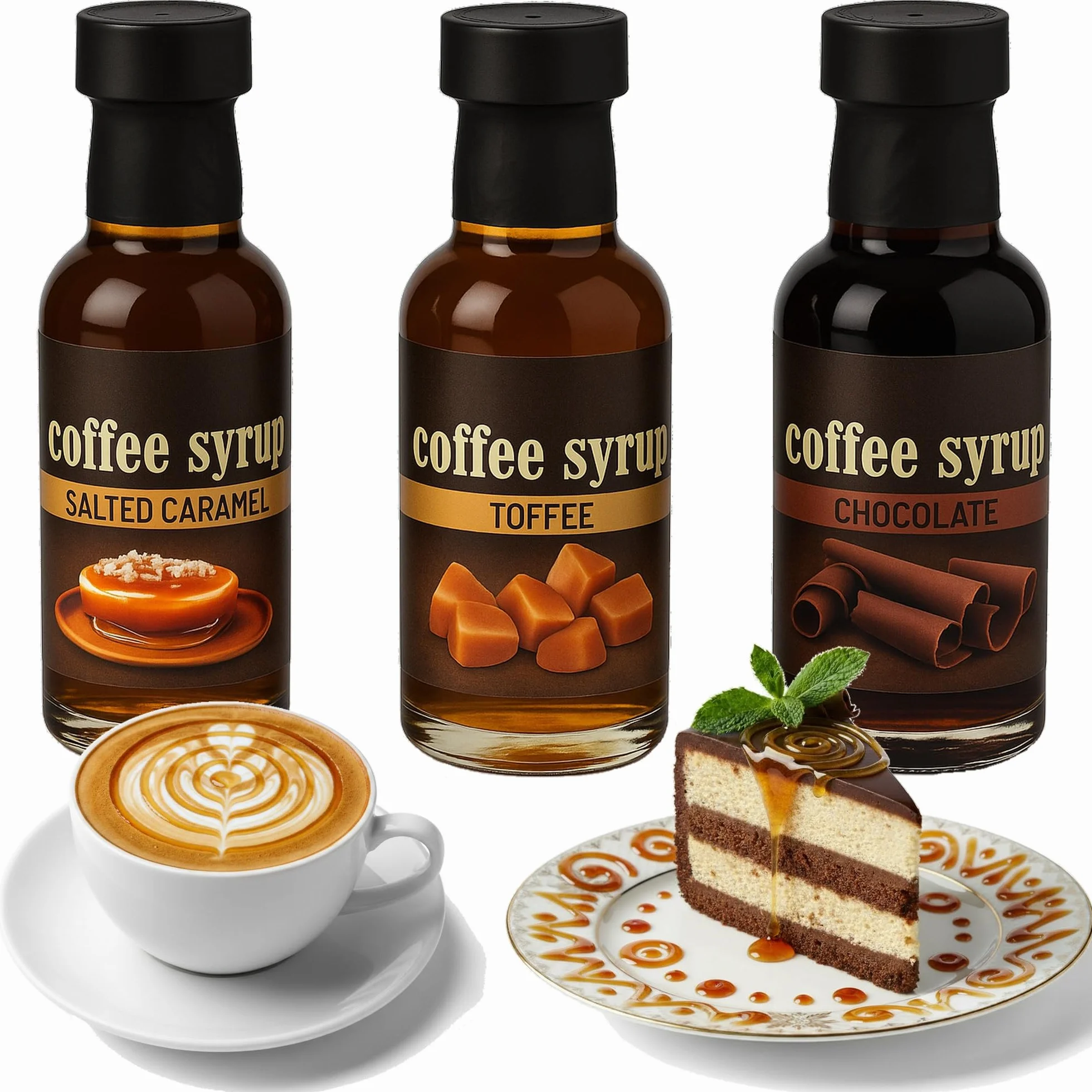 Coffret Sirops Gourmands pour Café & Pâtisserie - 3 Saveurs Intenses : Caramel Beurre Salé, Toffee et Chocolat - Idéal pour Barista à la Maison, Desserts et Boissons Chaudes