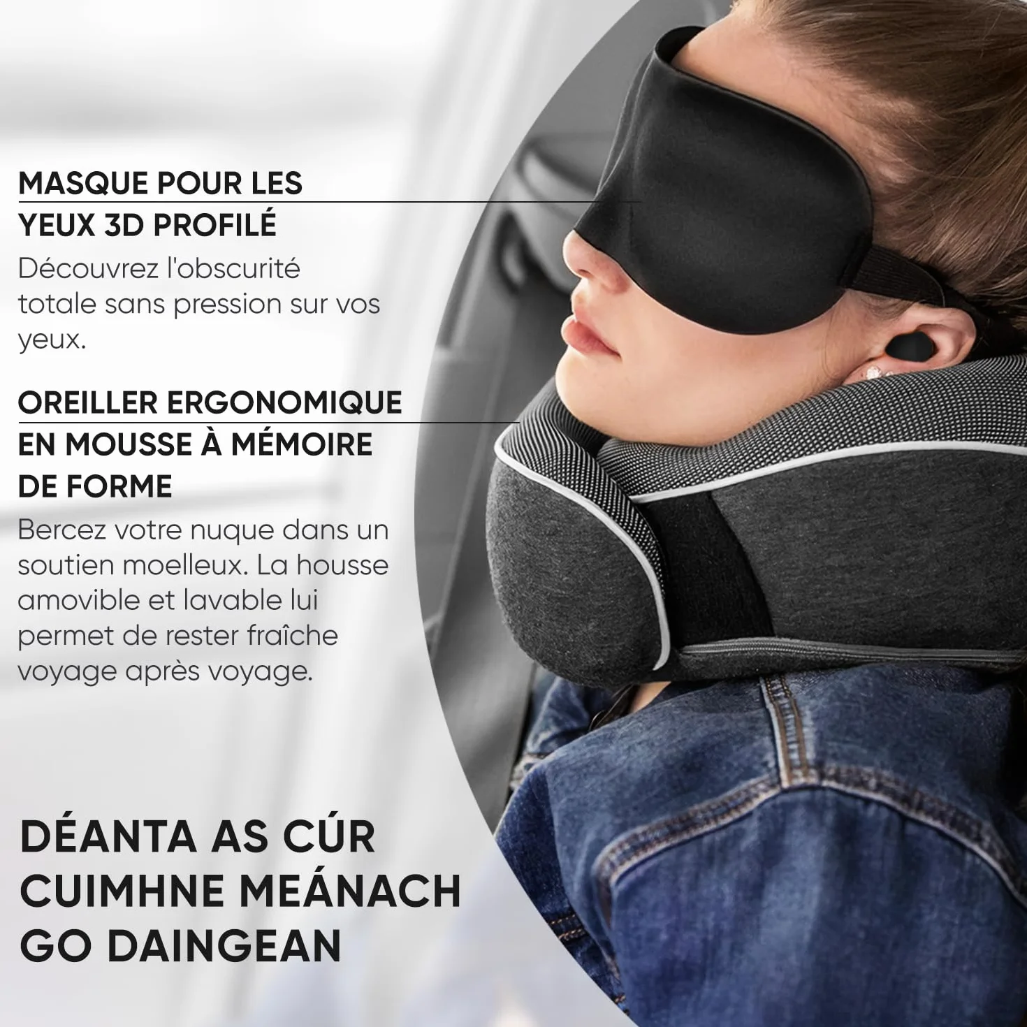 Coussin de Nuque Mousse à Mémoire de Forme Orthopédique pour Voyage Avion Voiture Train avec Masque Sommeil 3D Sac Maille Gris Foncé