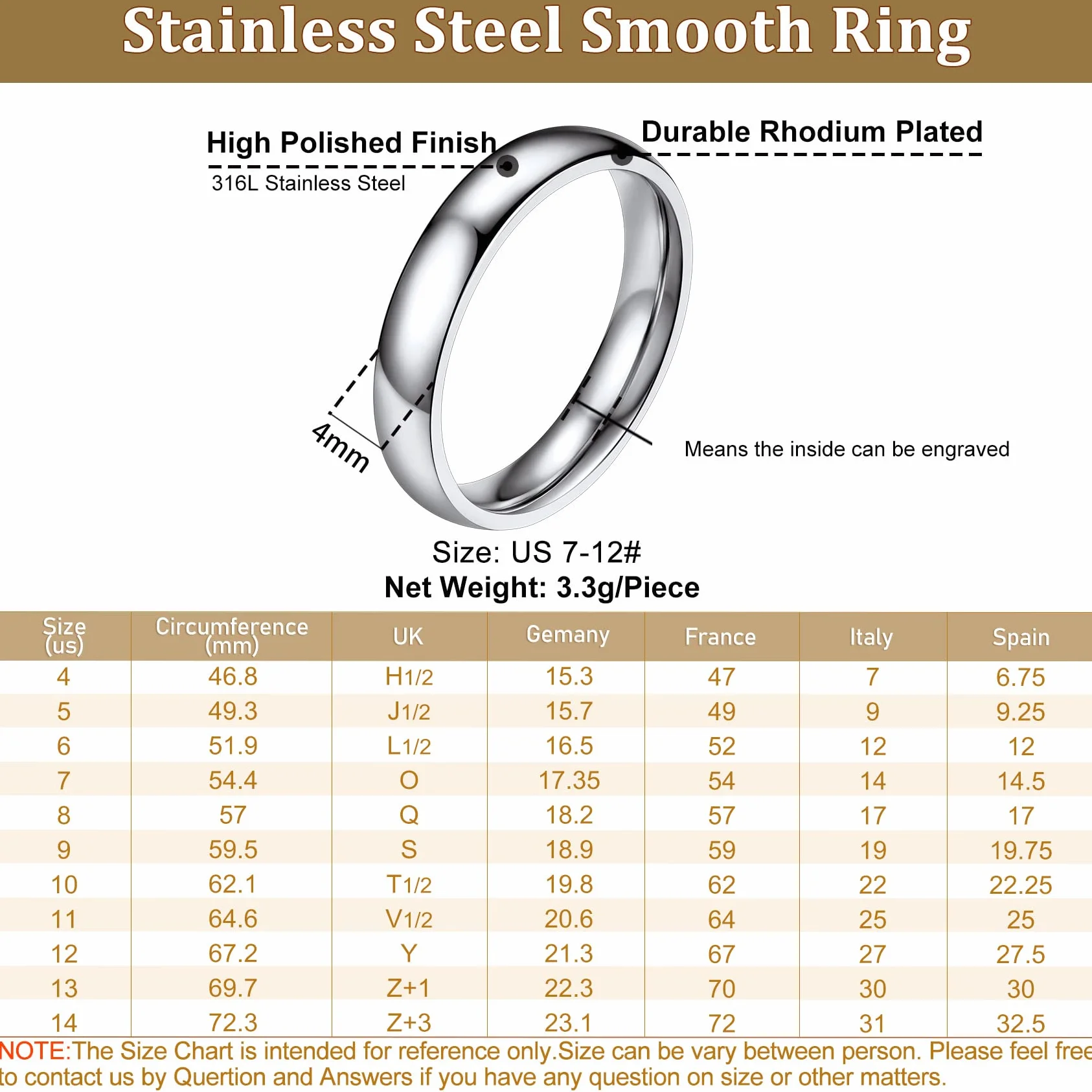 Bague Simple Acier Inoxydable Homme Femme 2-8mm Large Taille 54-67
