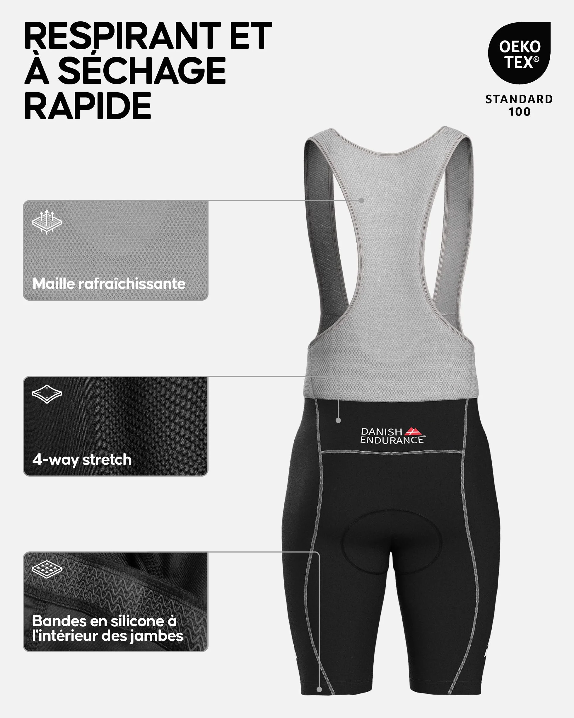 DANISH ENDURANCE Cuissard Vélo à Bretelles Homme Rembourrage 3D Respirant Stretch