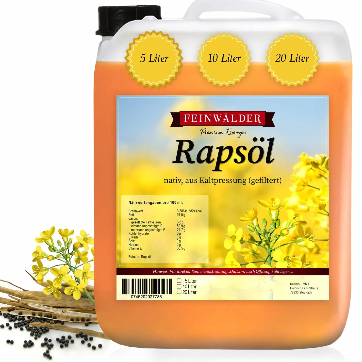 Feinwälder® Premium Huile de colza 5 l - Huile de colza - Pressée à froid - Sans OGM - 5 l - Huile végétale pour rôtir et affiner - Huile de colza typique en couleur et en odeur