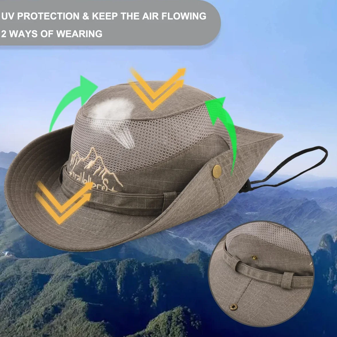 Chapeau Bucket Homme Femme Anti UV Pliable Coton Respirant Sangle Menton Réglable