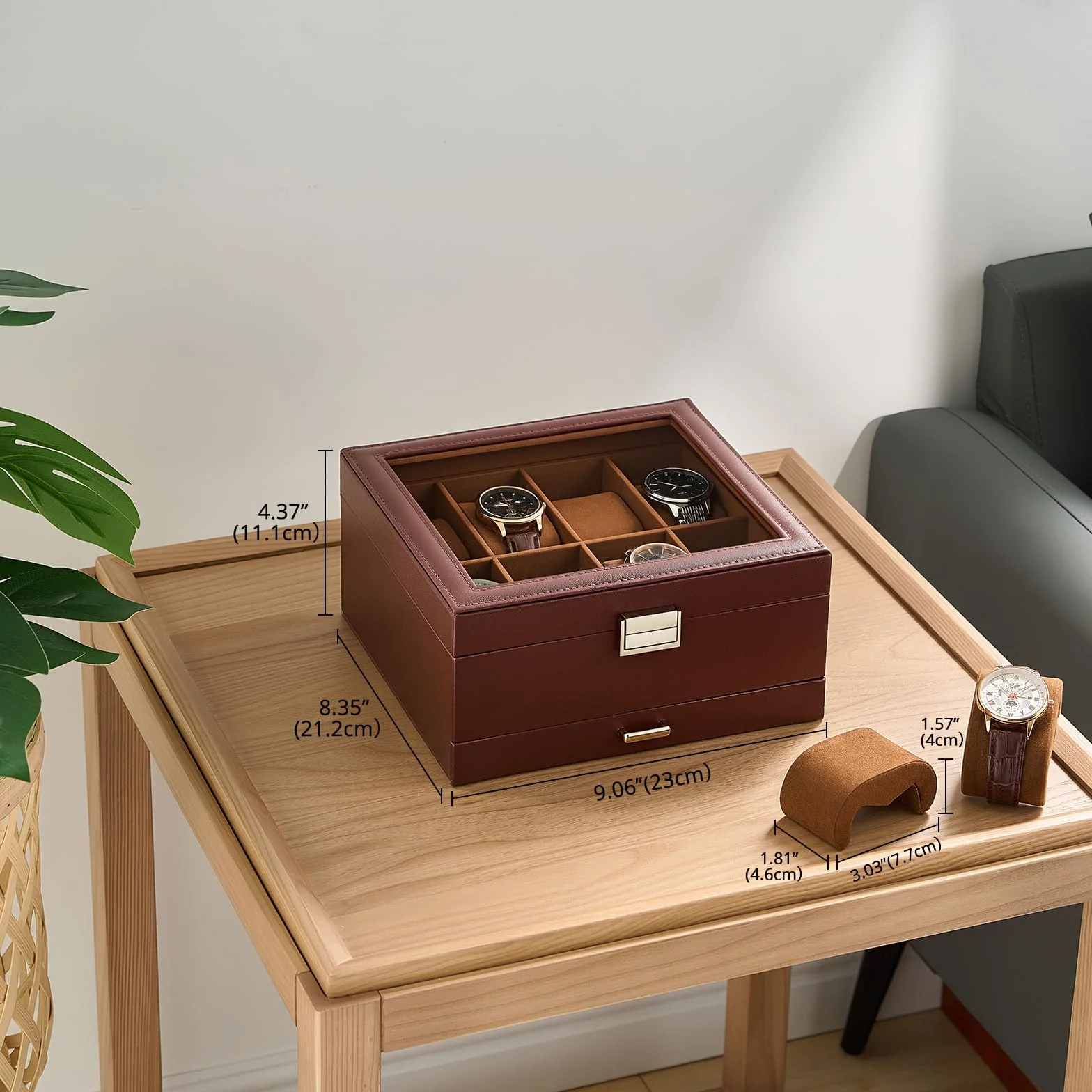 ProCase Coffret de Rangement pour Montres 2 Niveaux 8 Compartiments 1 Tiroir Couvercle Transparent Marron