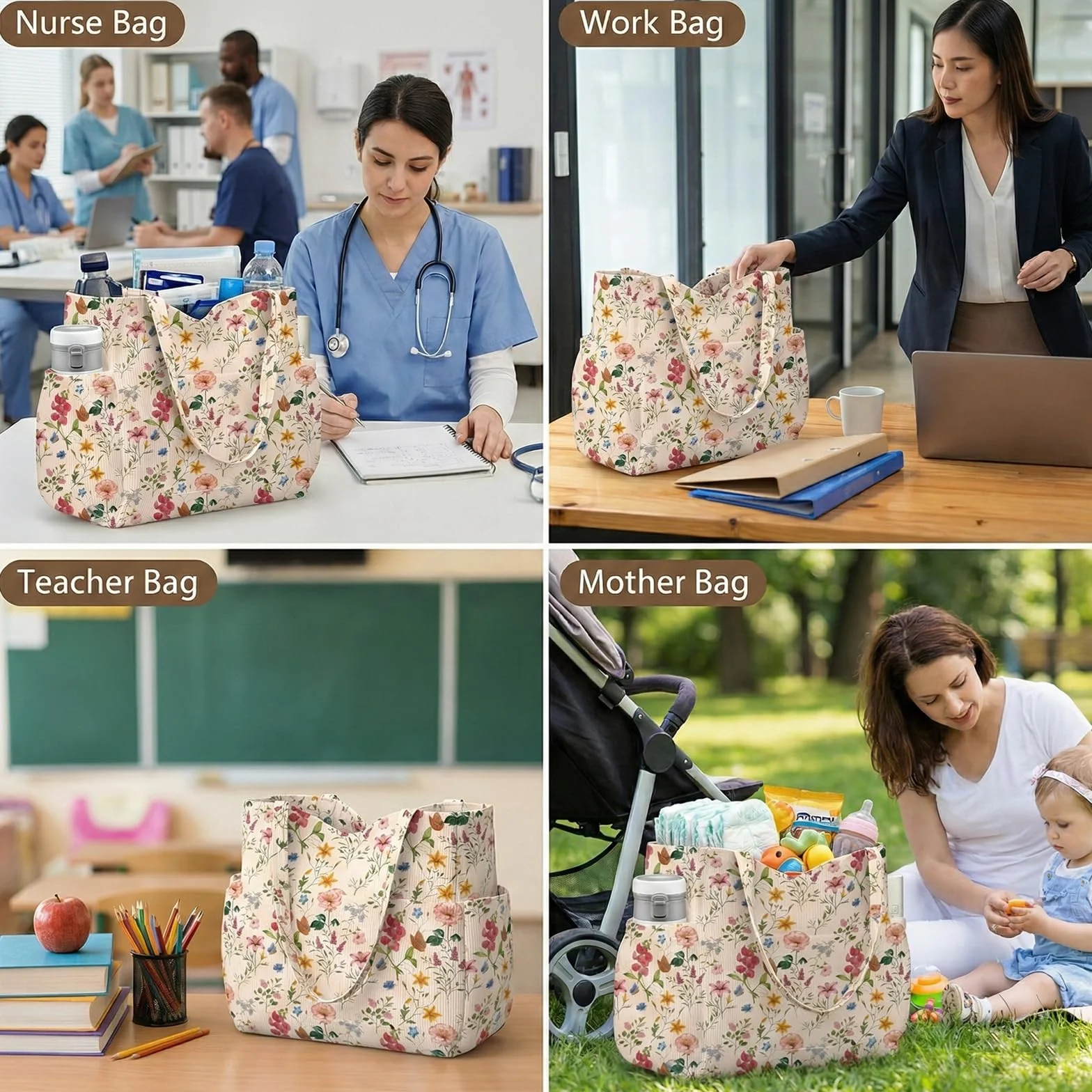 Grande Sac Shopping en Côtelé pour Femmes, Sac à Épaule en Toile Réutilisable avec Fermeture Éclair et Poches Multiples