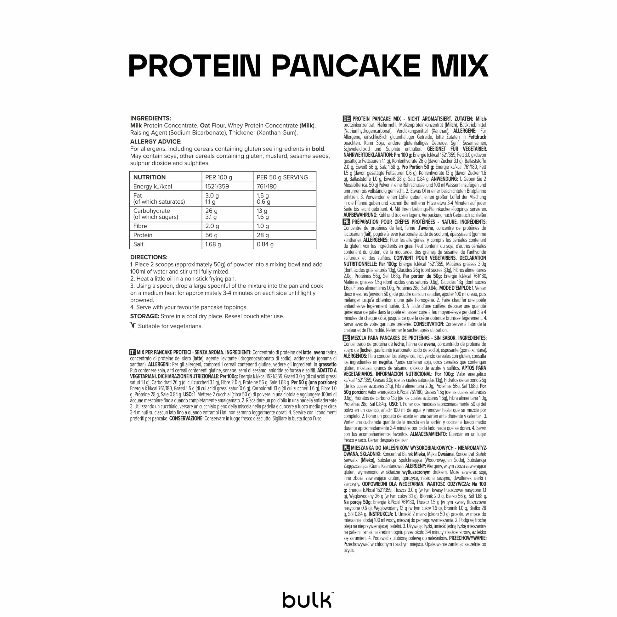 Bulk Préparation pour crêpes protéinées, Nature, 500 g, 10 Portions