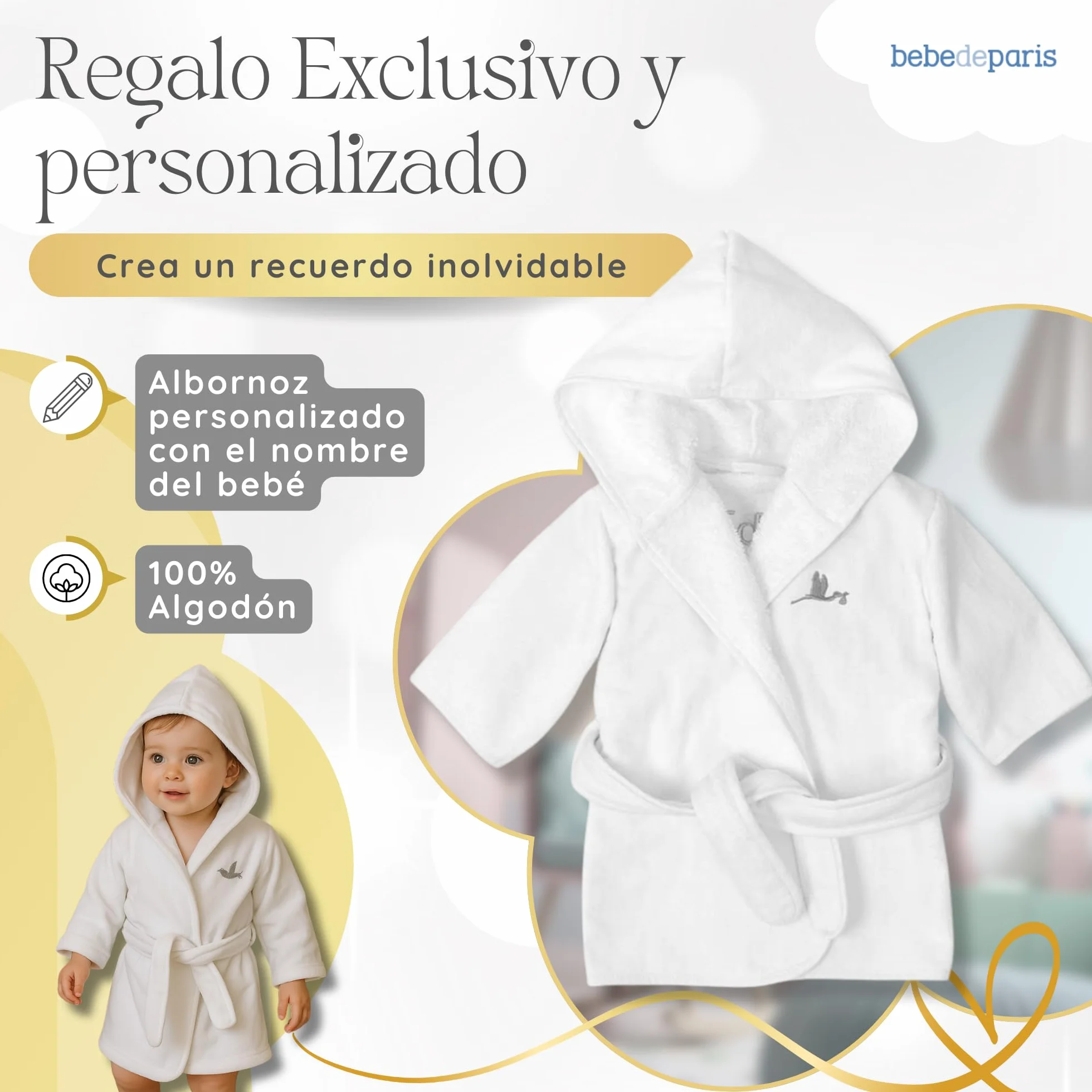 Peignoir de Bain Personnalisé Bébé 100% Coton avec Capuche et Ceinture