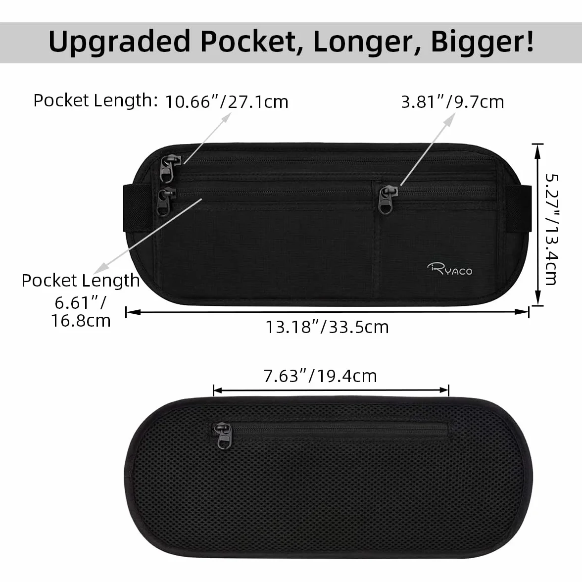 RYACO Ceinture d'argent Voyages Pochette sécurité cachée Cartes passeports RFID Noir
