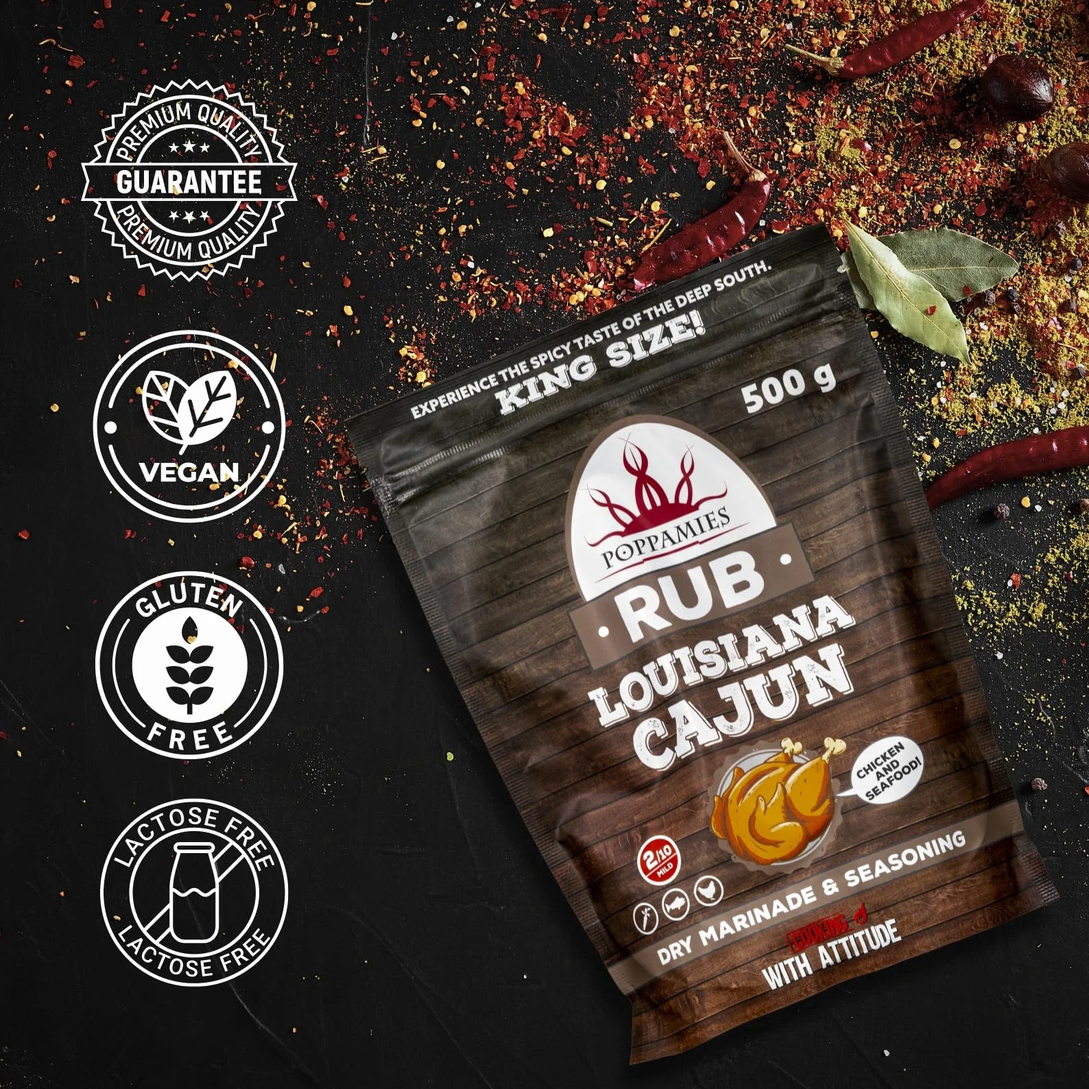 Poppamies Louisiana Cajun BBQ Rub - Assaisonnement BBQ 100% Naturel - Marinade Sèche & Épices - Idéal pour le gril - Grand format (500g)