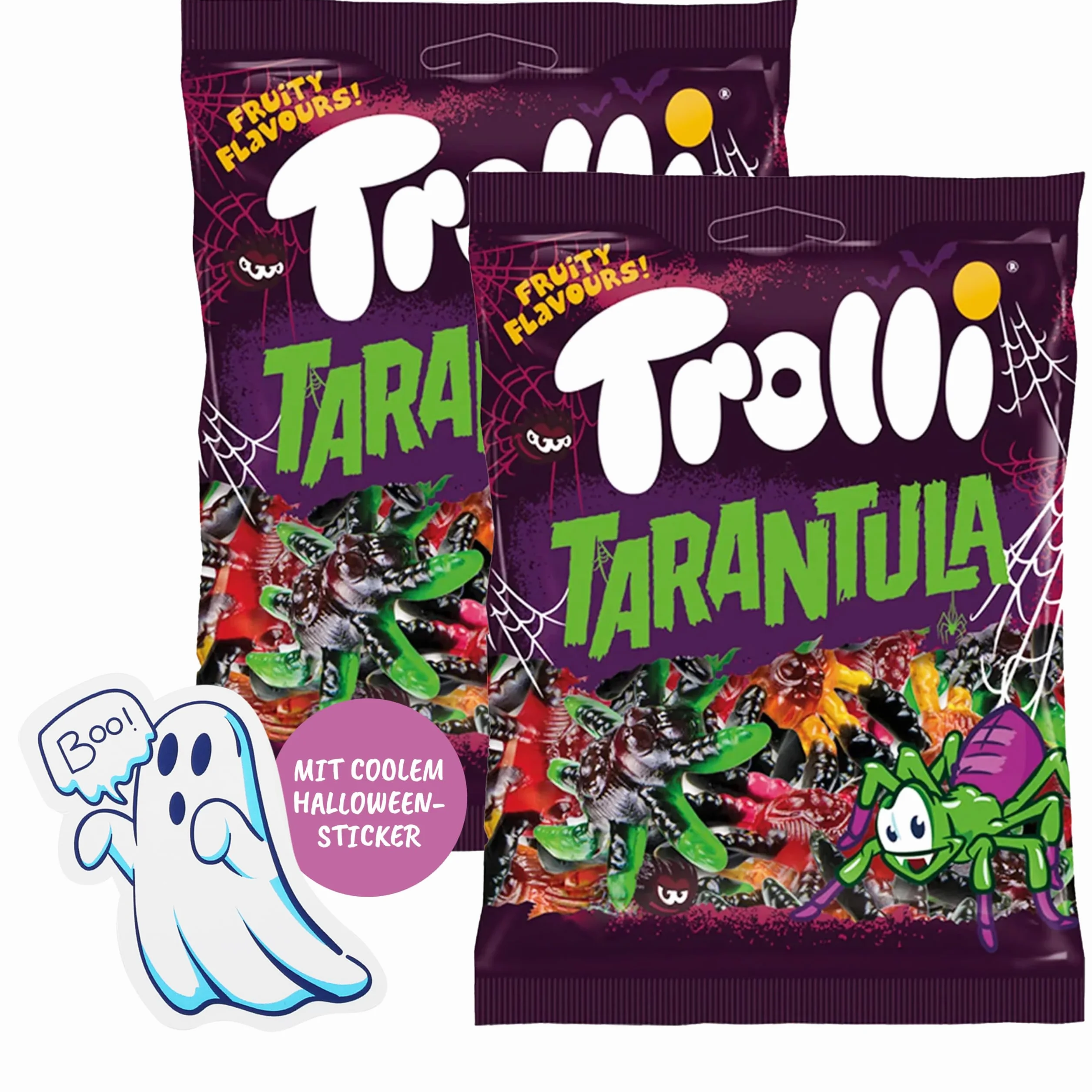 Trolli Ensemble de Tarentules en Caoutchouc de 2 Pièces 150 g Chacune Inclus Autocollants Fantômes, Sans Lactose et Sans Gluten, Bonbons à la Gelée de Fruit en Forme de Tarentule en Divers Saveurs