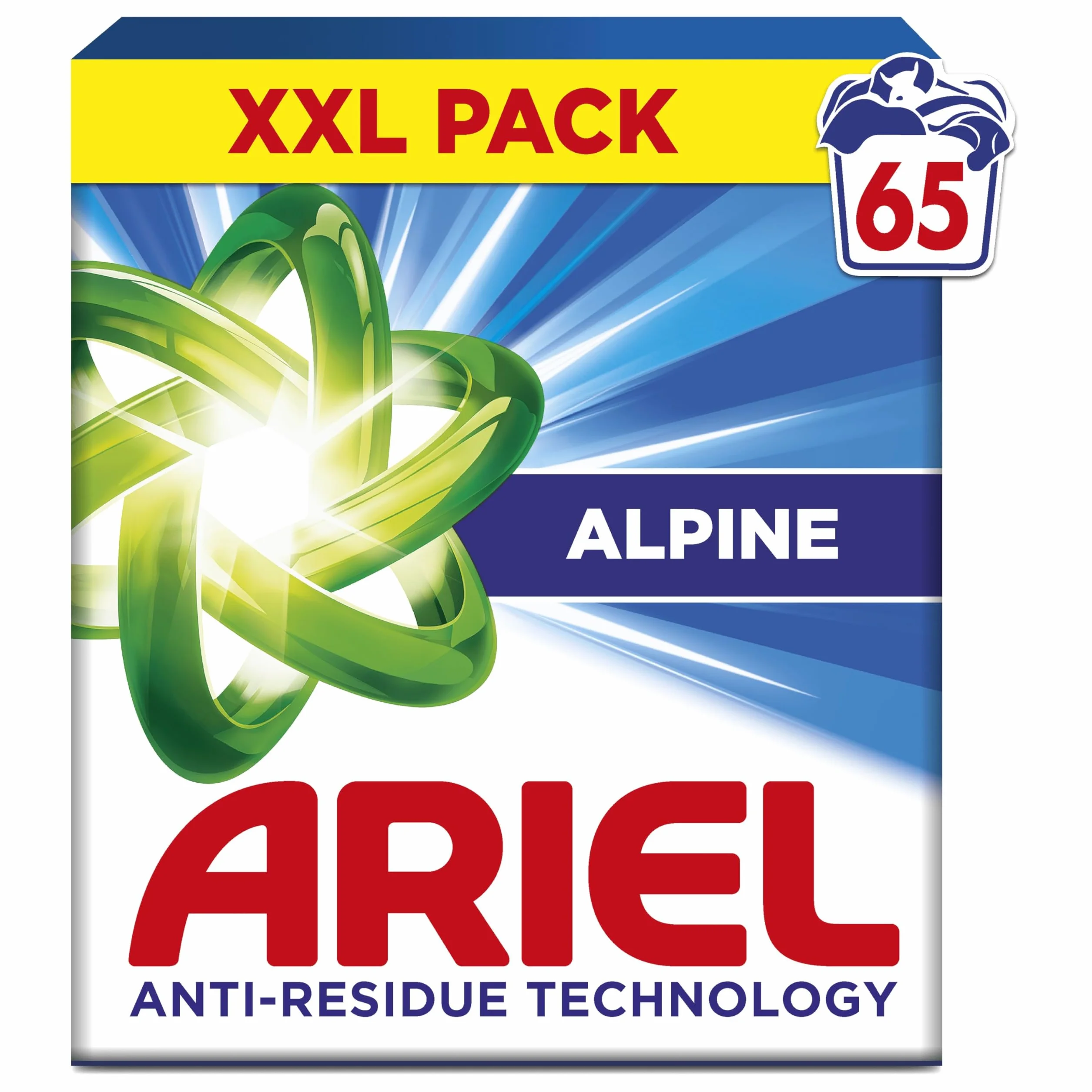 Ariel Lessive Poudre Dissolution Rapide 3.575kg, 65 Lavages, Alpine, Avec technologie anti-résidu, élimine les taches en 1 seul lavage
