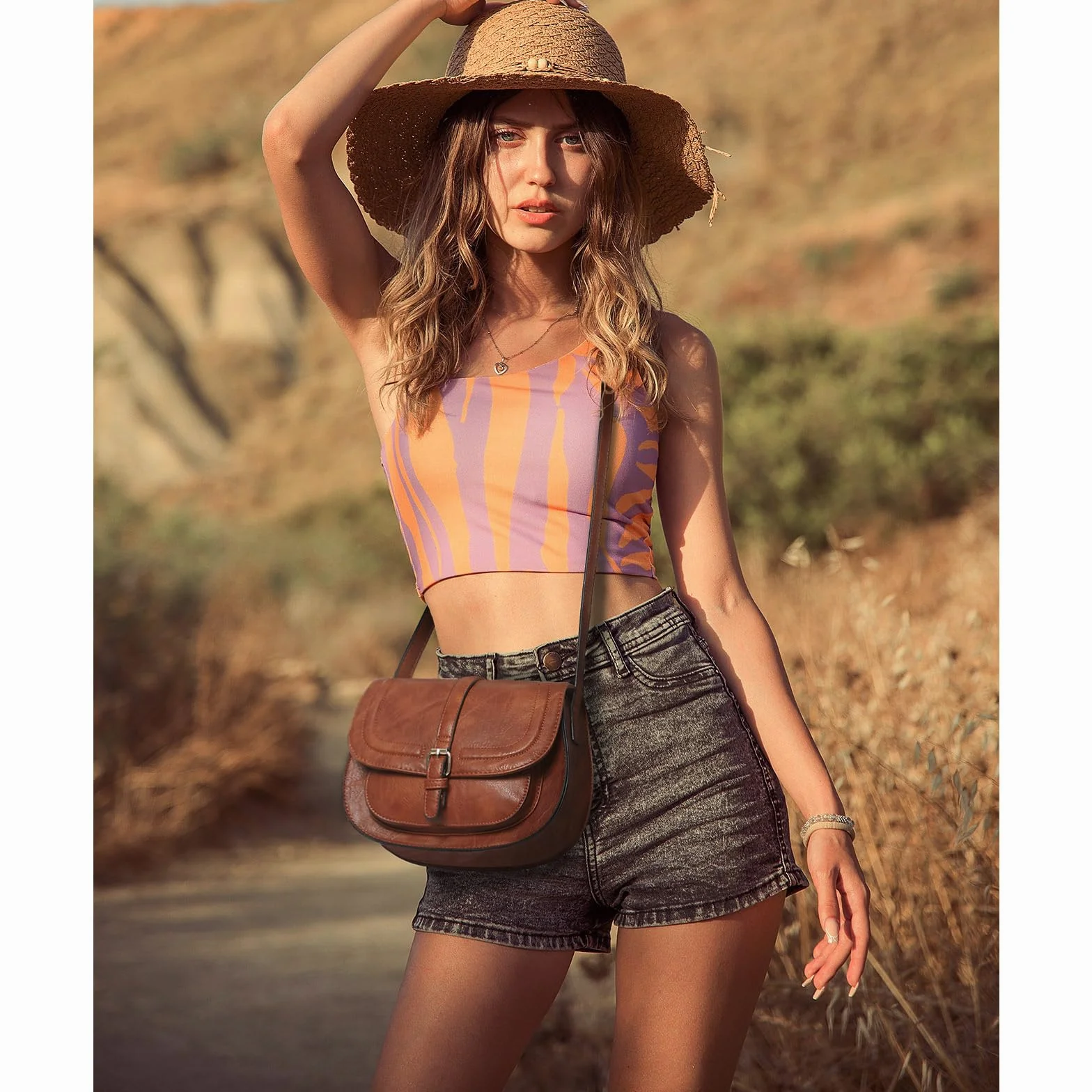 AFKOMST Sac Bandoulière Femme, Petit Sac à Main Brown