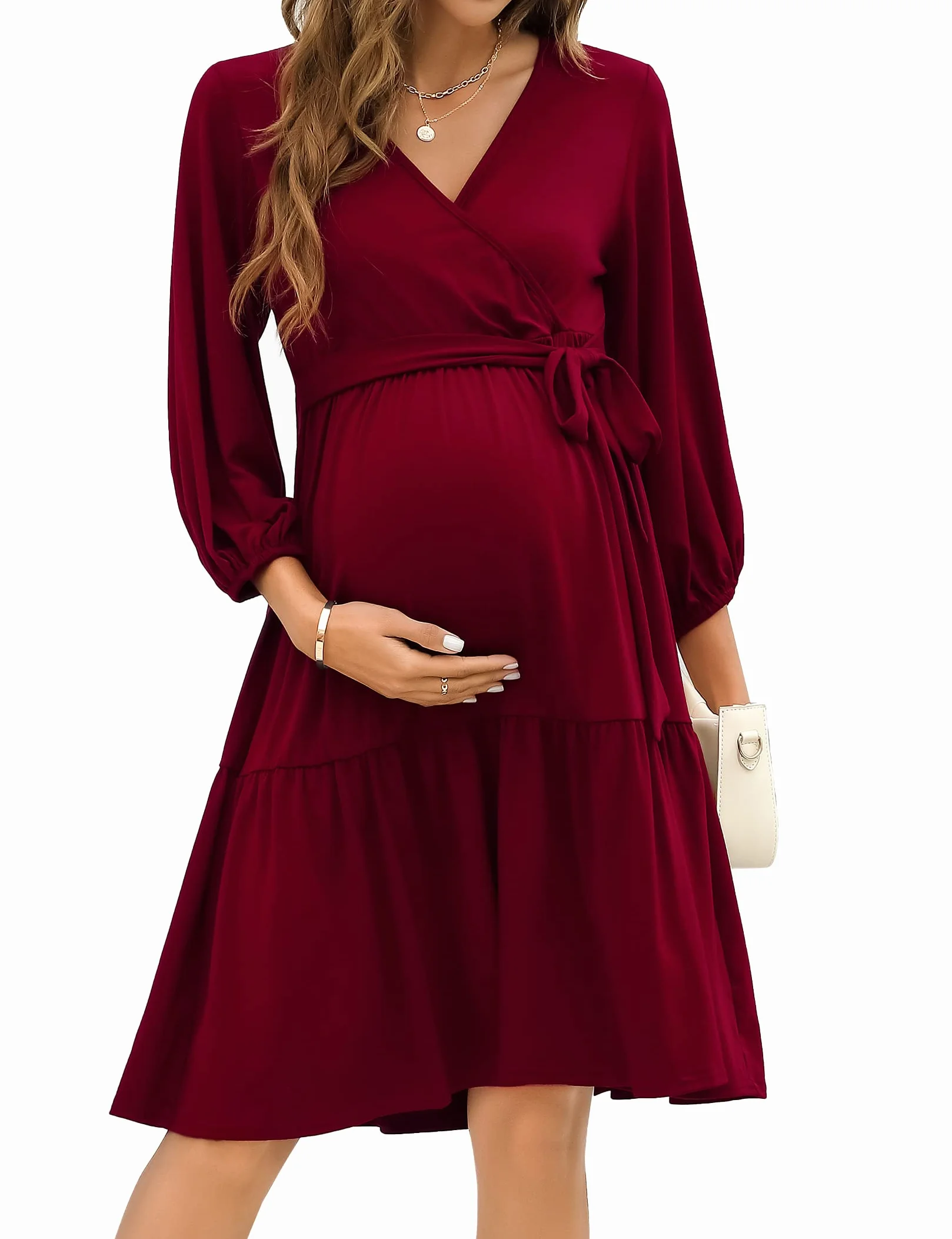 KOJOOIN Robe de maternité Femme Col en V Manches 3/4 Allaitement Volants Ceinture
