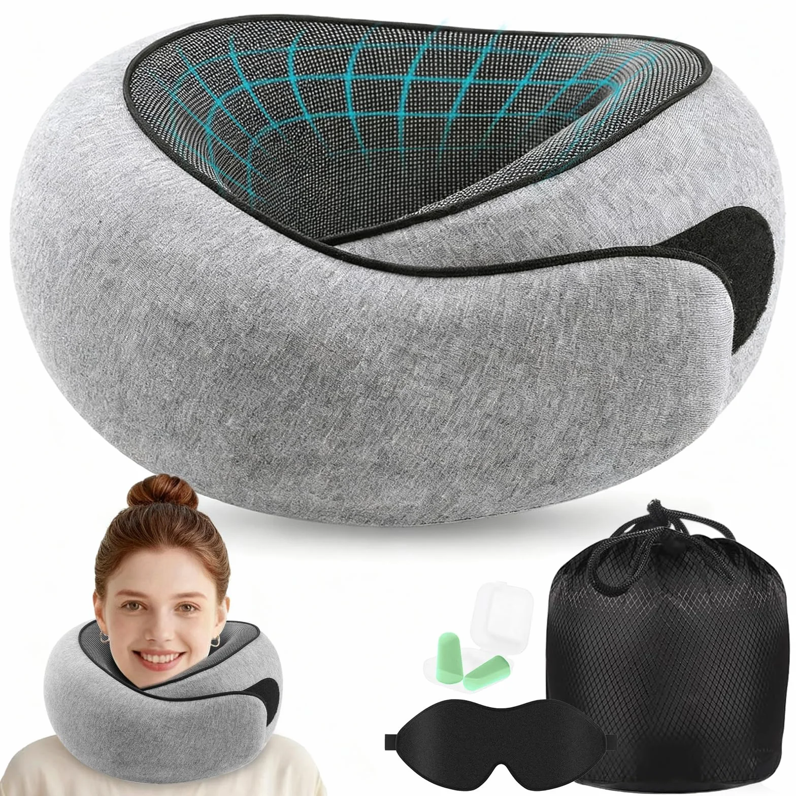 Coussin Cervical Ergonomique Oreiller de Voyage en Mousse à Mémoire Housse Amovible Lavable Avec Masque Bouchons d'oreilles