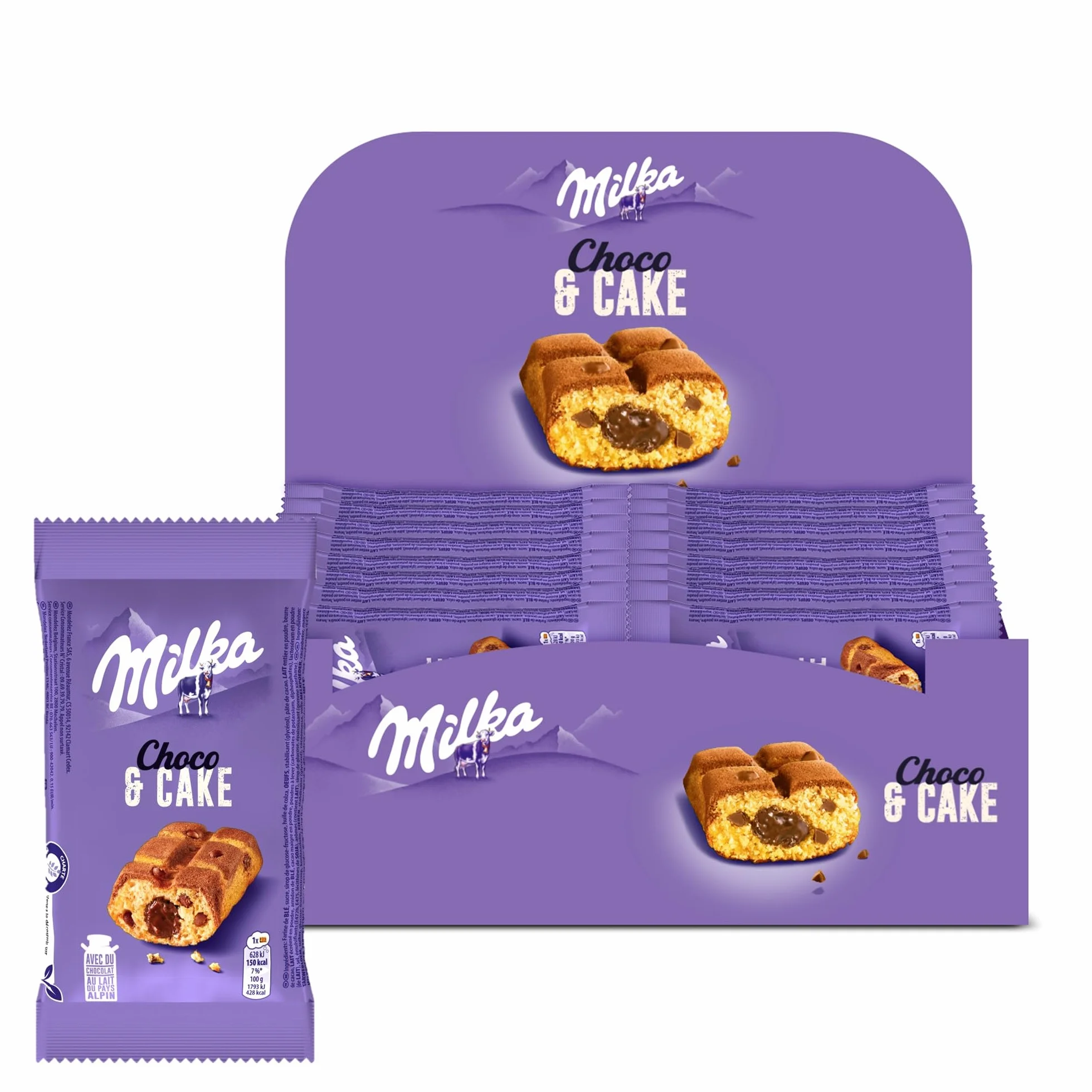 MILKA - Choco & Cake - Gâteau Moelleux Fourré au Chocolat au Lait Milka - Lot Gâteaux Individuels - Format Familial Pratique pour le Goûter des Enfants - Présentoir de 24 Paquets de 35 g