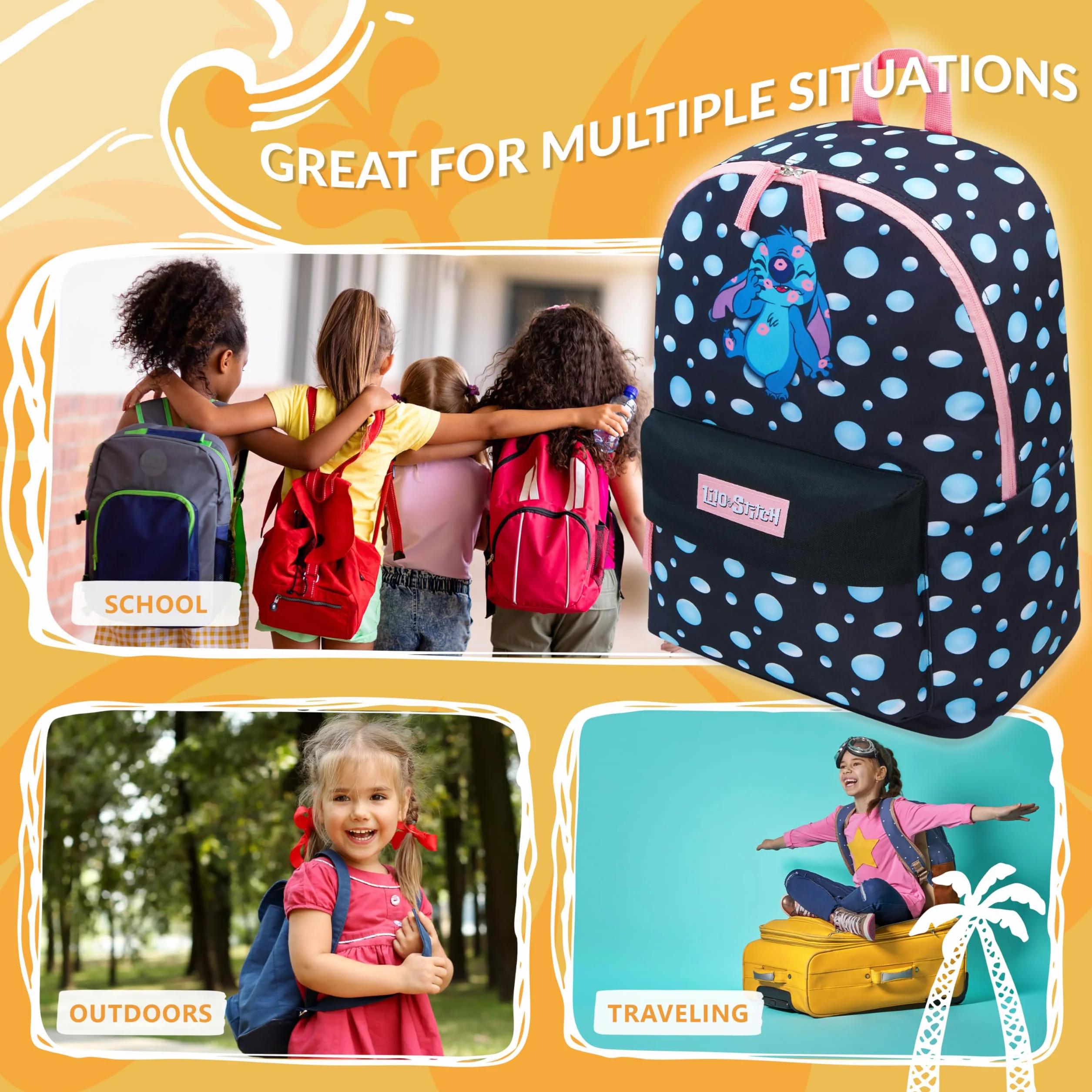 Disney Stitch Sac à Dos Fille Cartable Scolaire Voyage Sport (Noir)