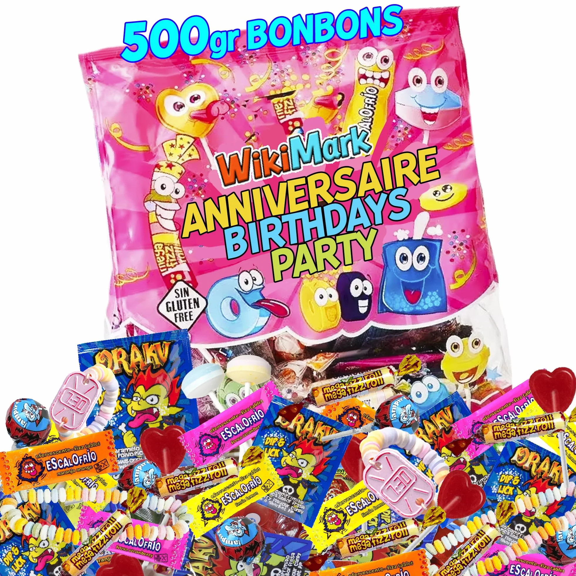 Méga paquet de 500 g de bonbons d'anniversaire. Friandises fourrés à la piñata. Bonbons sans allergènes. Bonbons d'anniversaire pour enfants.