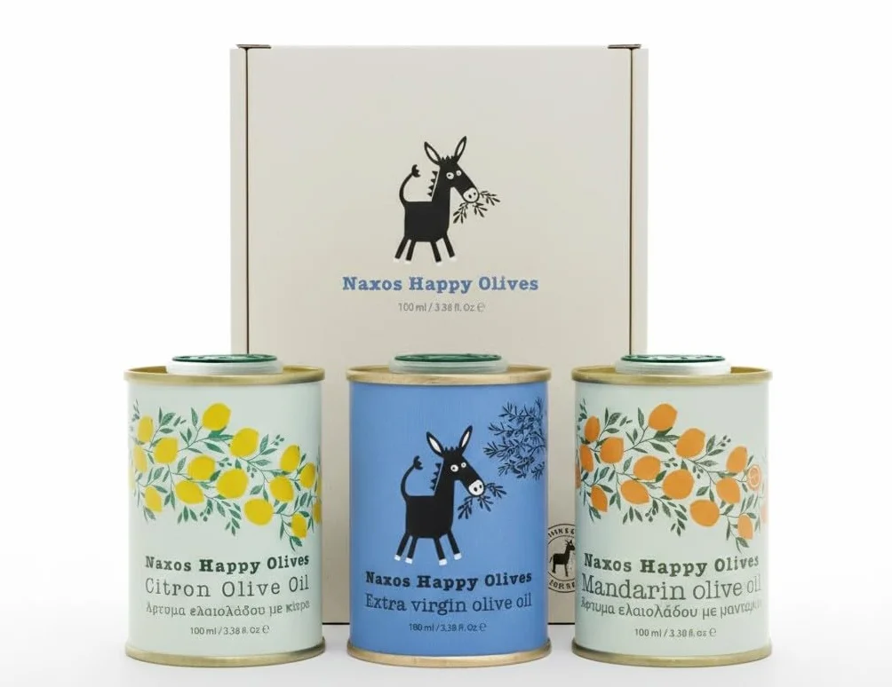 Naxos Happy Olives - Coffret dégustation Huile d'Olive grecque - Extra Vierge, Citron (cédrat) et Mandarine - Olives Récoltées à la Main à Naxos - Format découverte 3x100mL
