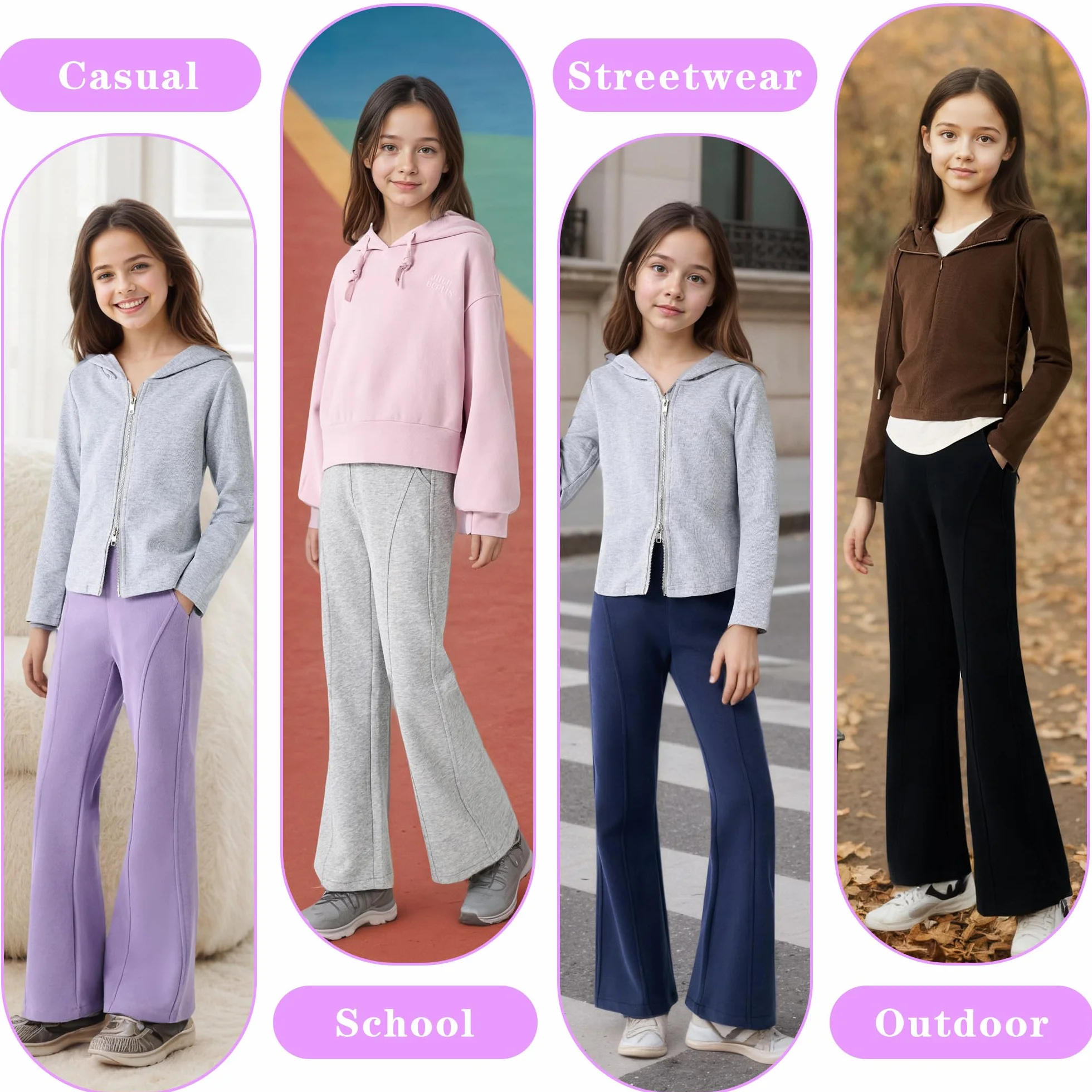 Pantalon Jogging Évasé Filles Taille Élastique Haute Coton Sport avec Poches Respirant Survêtement Bootcut Enfants 7-14 Ans