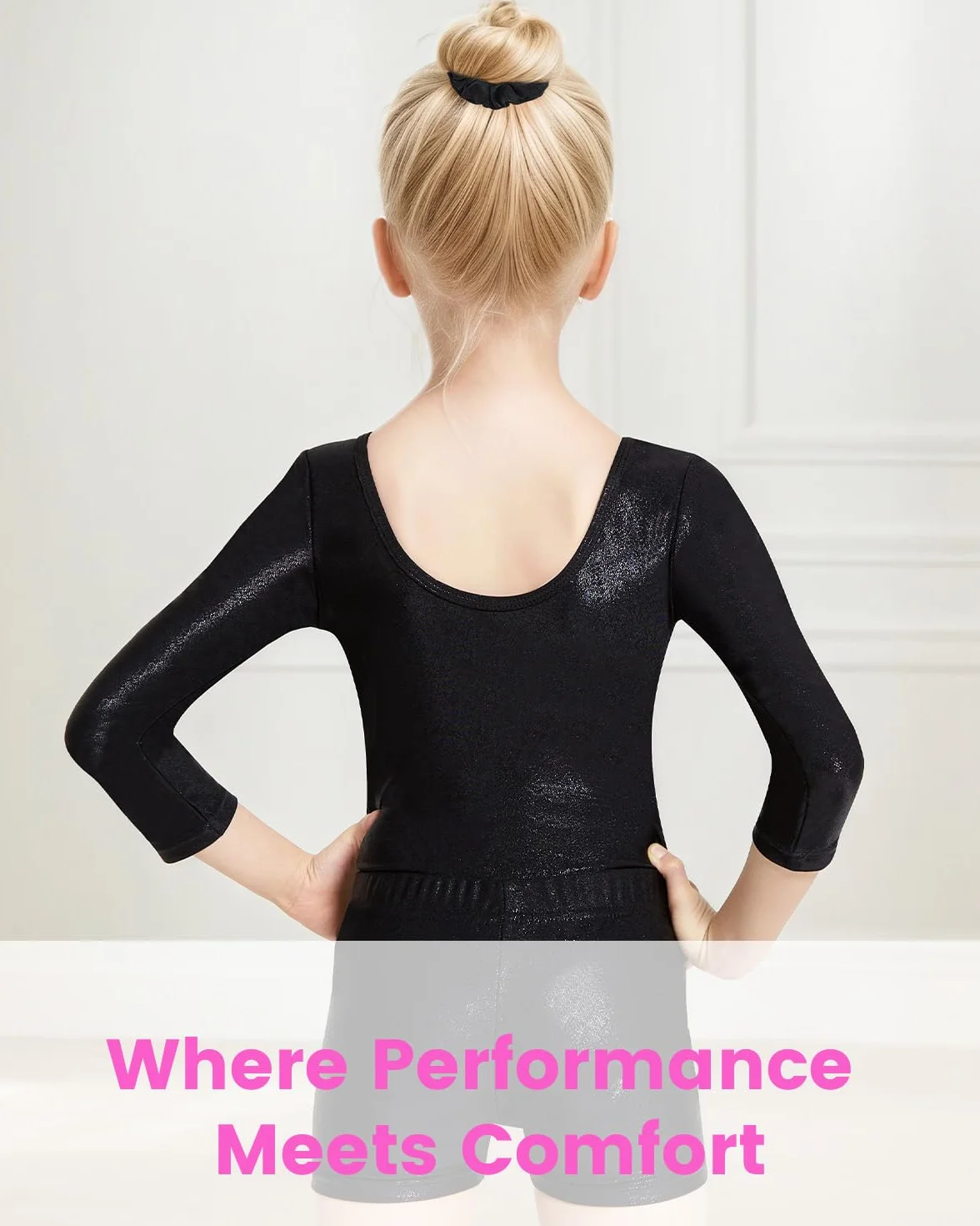 Gogokids Maillots de Gymnastique Trois Pièces pour Filles, Ensemble à Manches Longues avec Short et Bandeau, Justaucorps Brillant Dégradé 3-12 Ans